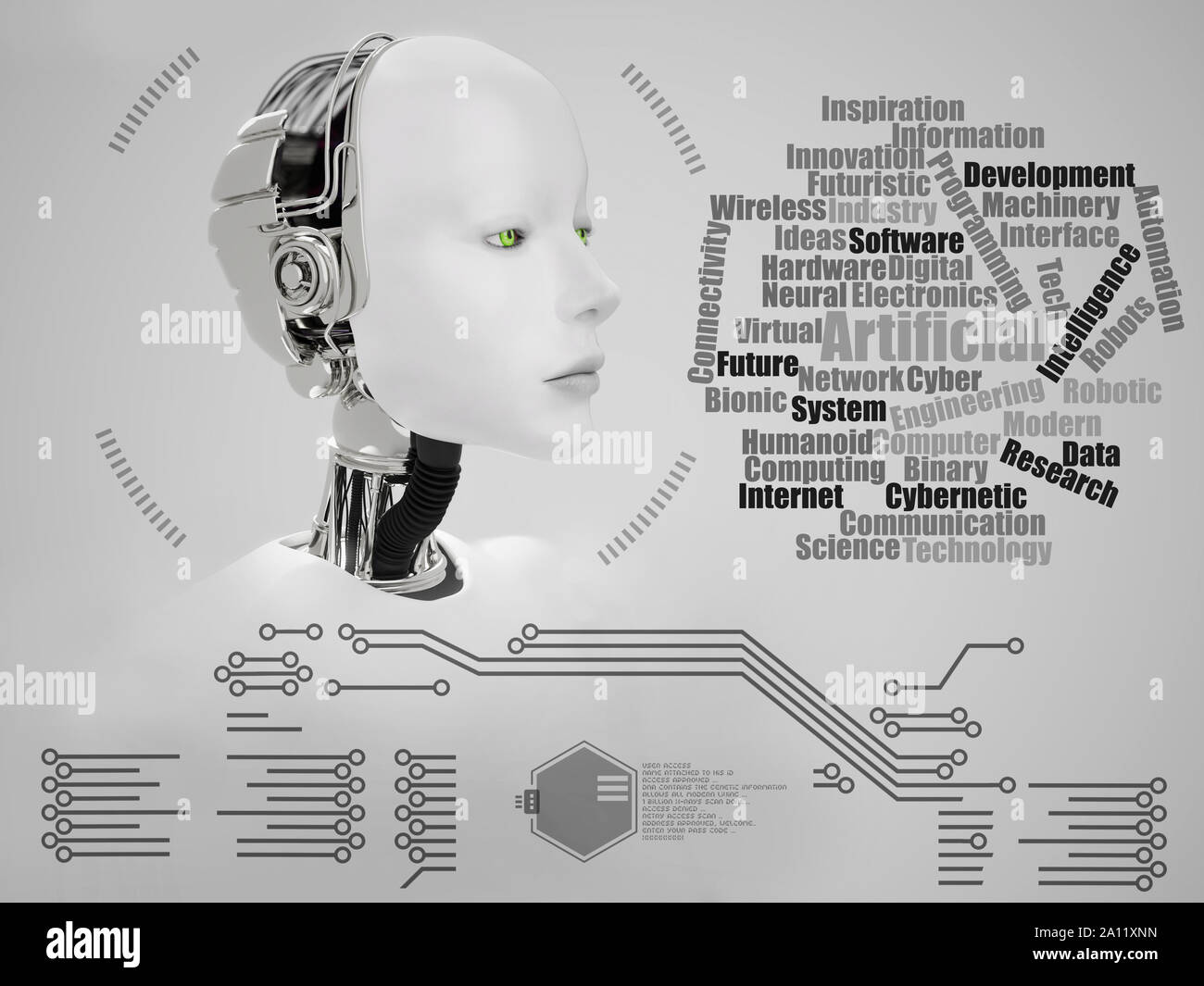 Le rendu 3D d'un robot femelle tête avec des mots et de la technologie graphique. Technologie futuriste concept. Banque D'Images