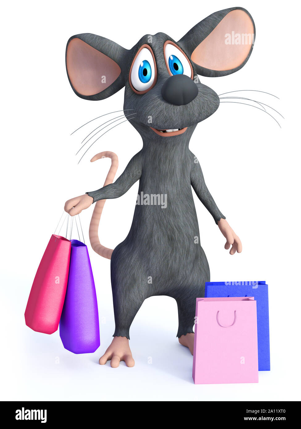 Le rendu 3D d'un sourire mignon cartoon souris debout et tenant deux sacs de shopping à la main. Deux autres sacs de magasinage sont sur le sol à côté de lui. W Banque D'Images