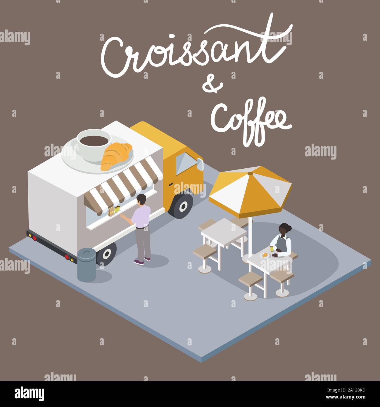 Café et croissants isométrique Cafe avec lettrage script. Pause café livraison camion alimentaire Master. Chef de l'alimentation de rue l'Infographie. 3D de vecteur Illustration de Vecteur