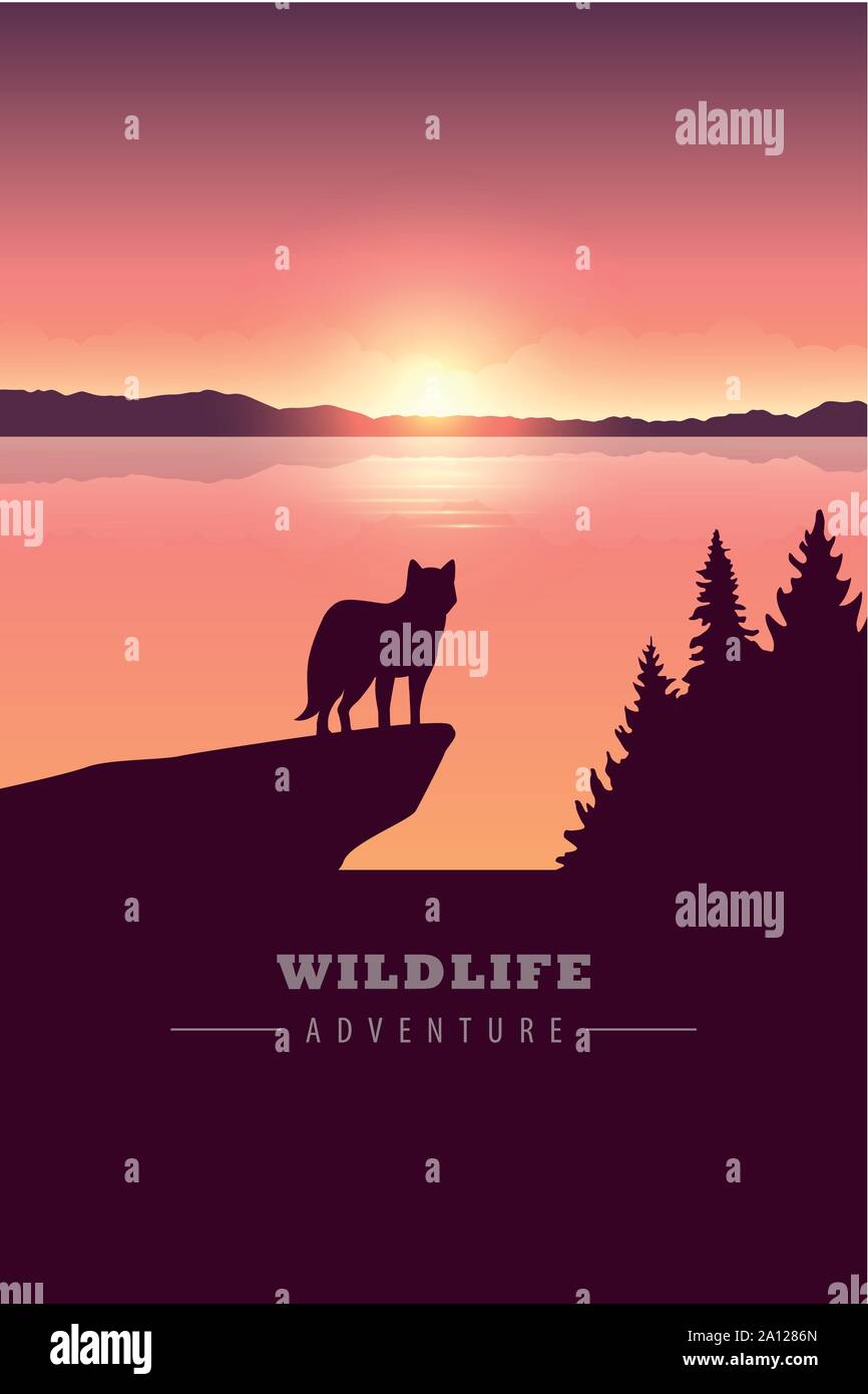 L'aventure de la faune loup dans le désert par le lac au coucher du soleil illustration vecteur EPS10 Illustration de Vecteur