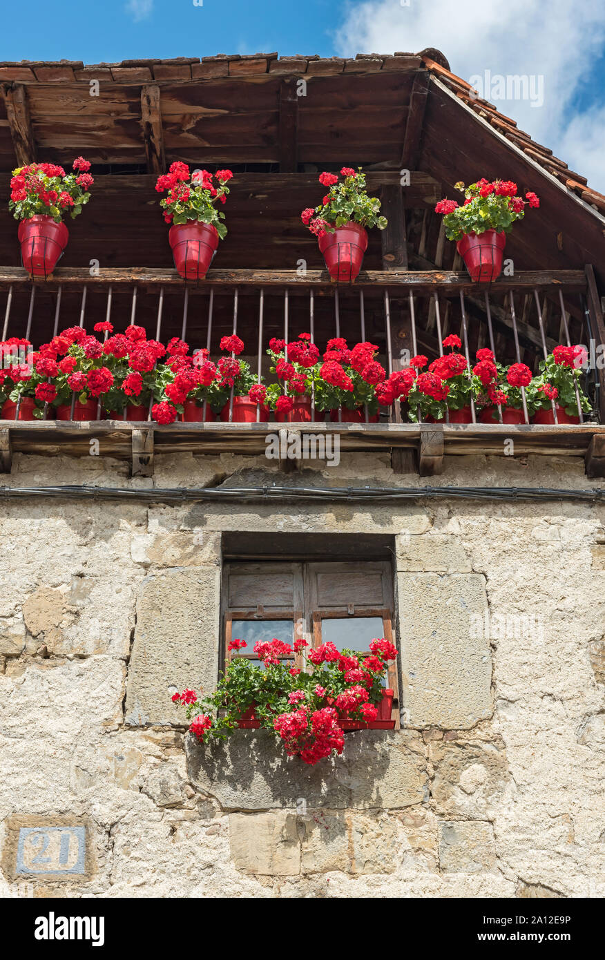 Détail architectural de fenêtre et balcon avec pélargonium, Ochagavía - Otsagabia, Navarre, Espagne) Banque D'Images