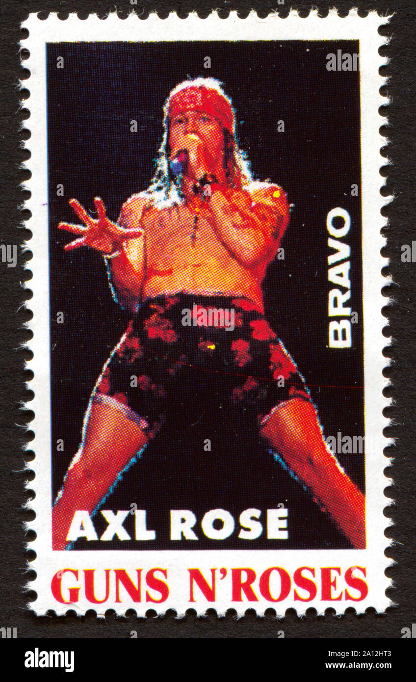 Axl Rose sur un timbre-poste vintage par Bravo du début des années 1980 Banque D'Images