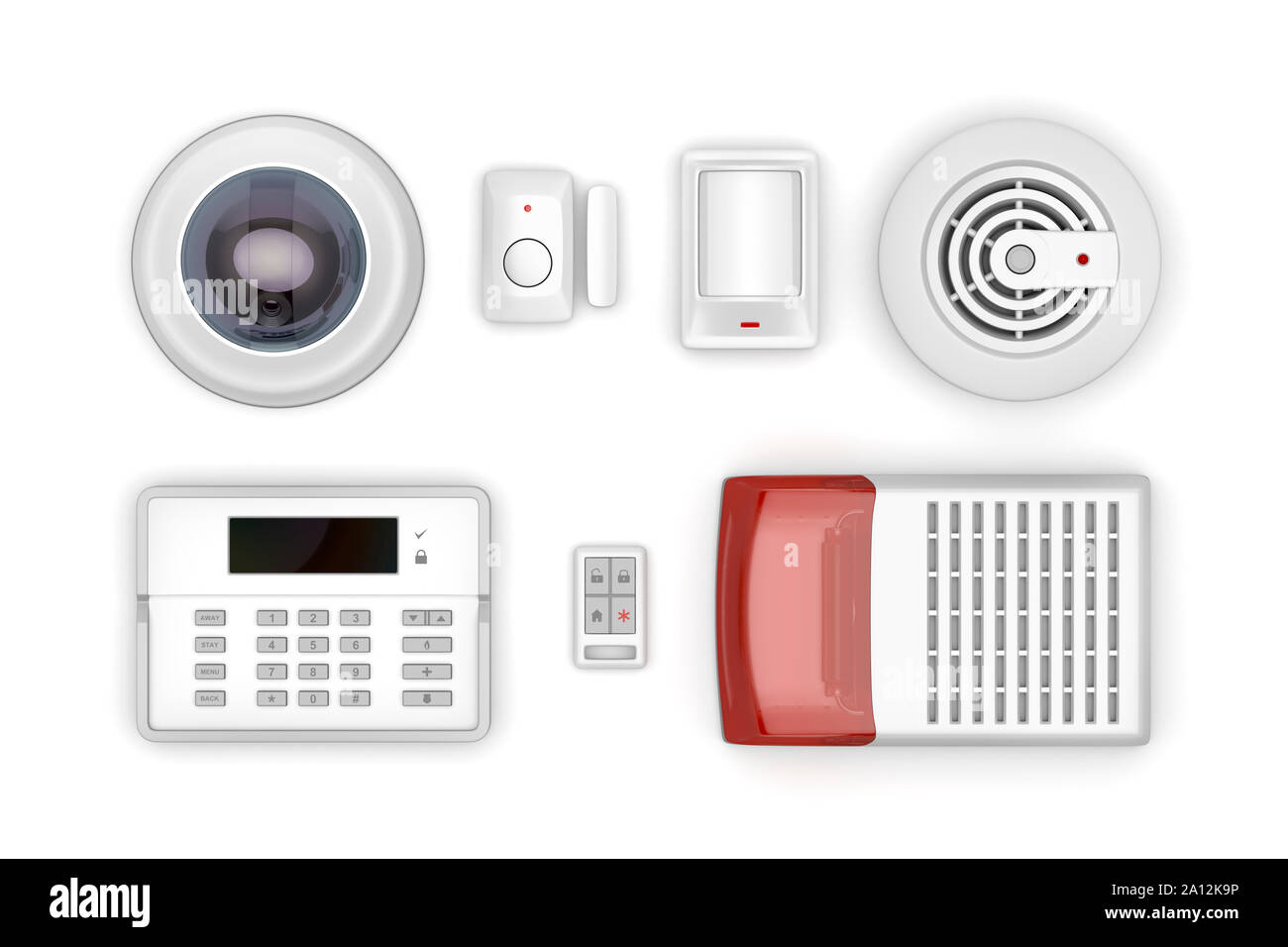 Les dispositifs électroniques de sécurité sur fond blanc, vue du dessus Banque D'Images