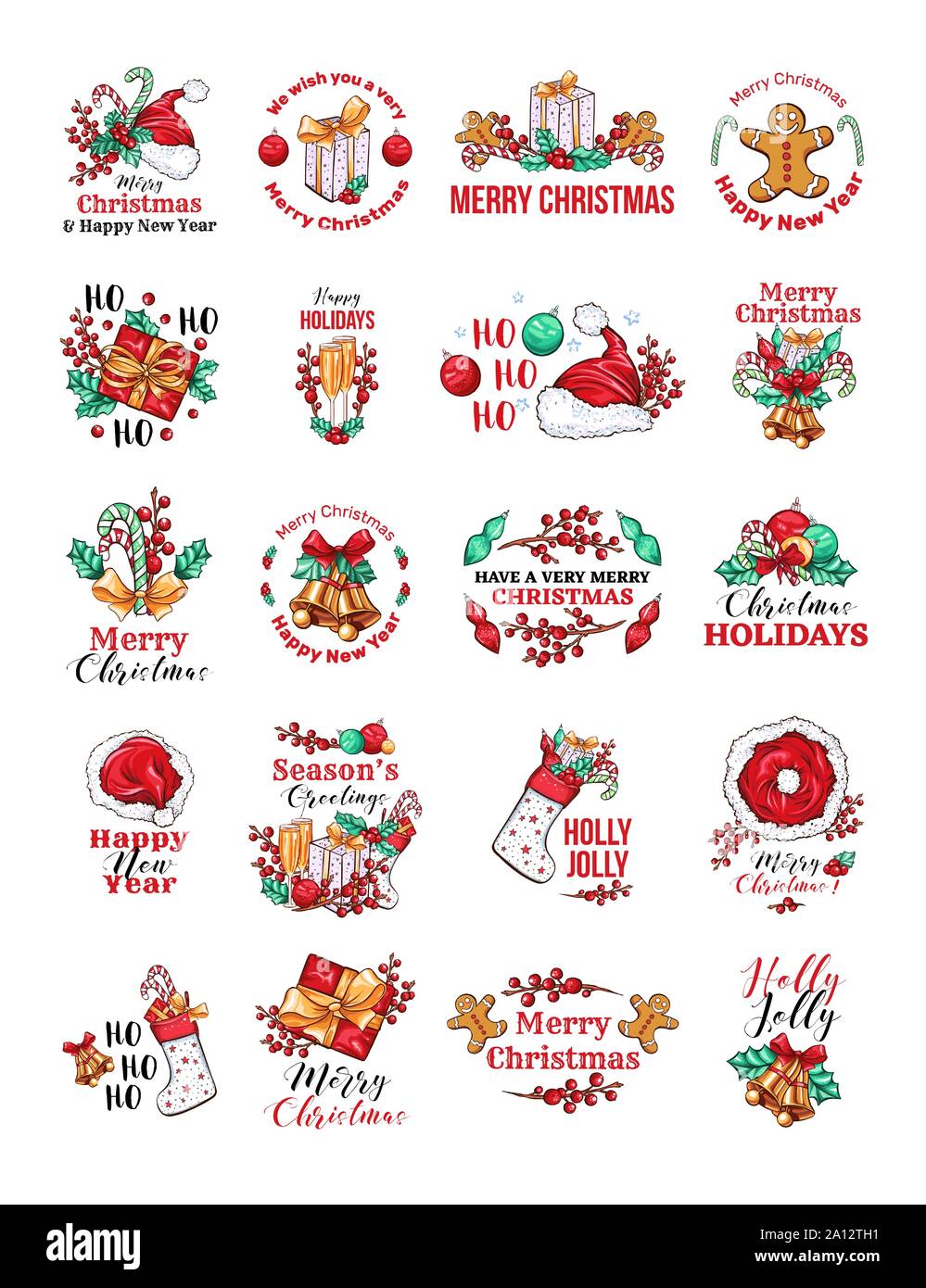 Vacances de Noël logo vector set. Saison Hiver dessinés à la main, de fête avec des autocollants de couleur typographie pack. Joyeux Noël, Ho Ho Ho bonjour lettrages. Nouvel An fête insignes collection isolés Illustration de Vecteur