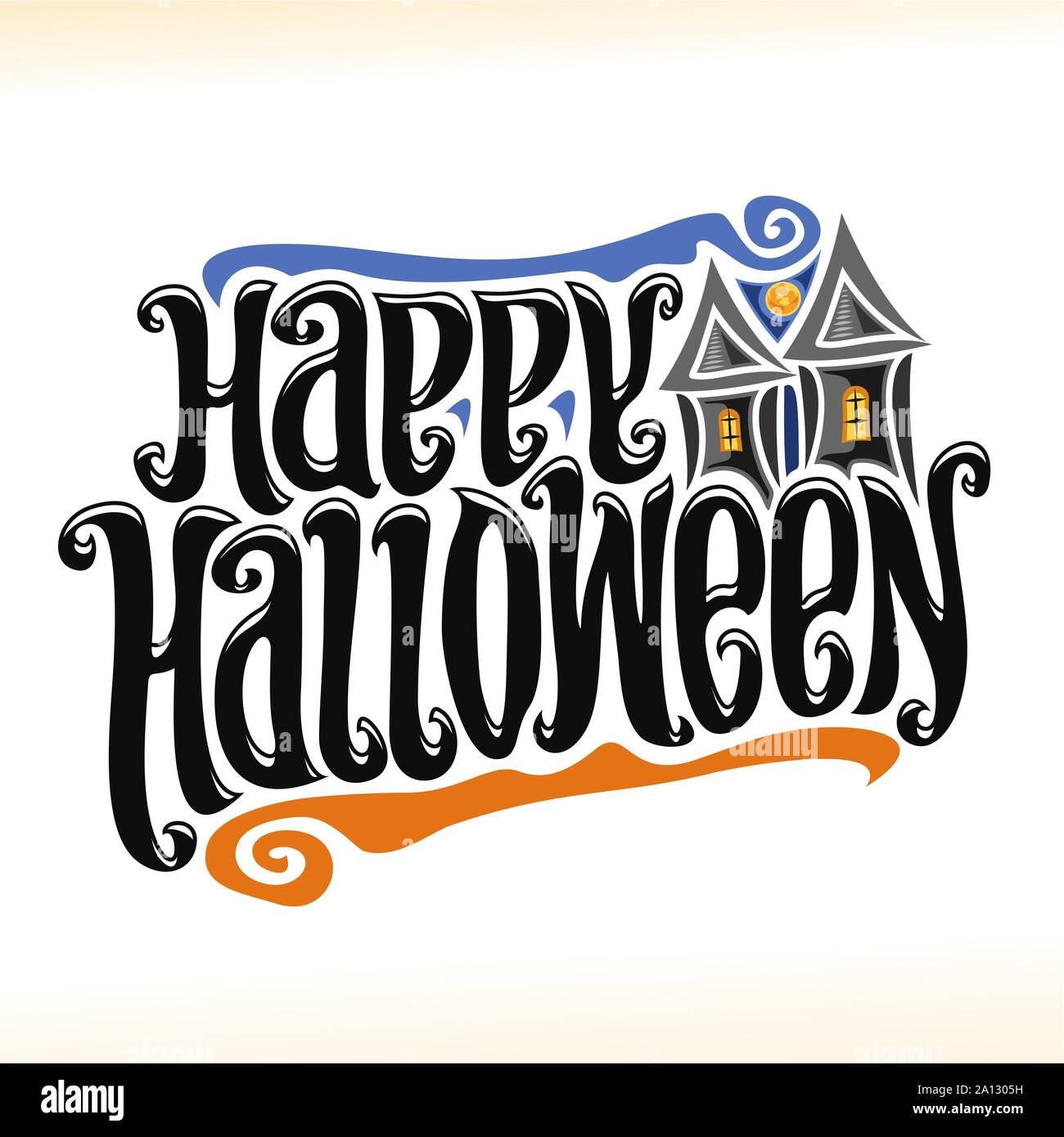 Vector affiche pour Halloween : police manuscrite décoratif pour les mots joyeux Halloween, lettrage à la main, texte de caractères de calligraphie avec ancien château. Illustration de Vecteur