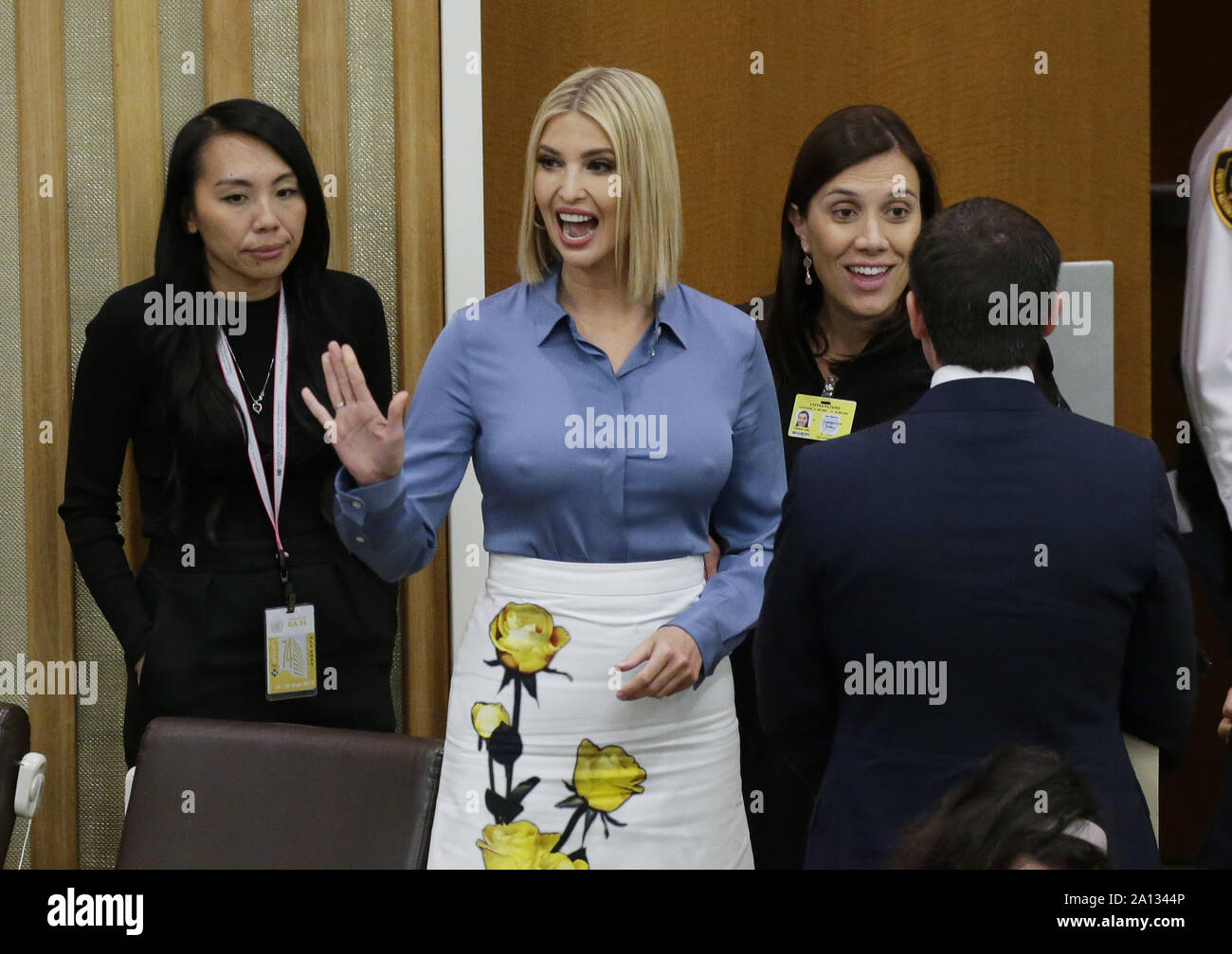 New York, États-Unis. Sep 23, 2019. Ivanka Trump arrive avant le Président Donald Trump prononce une allocution lors d'un événement sur la liberté religieuse à la 74e débat général à l'Assemblée générale des Nations Unies au Siège des Nations Unies à New York City le 23 septembre 2019. Photo de John Angelillo/UPI UPI : Crédit/Alamy Live News Banque D'Images