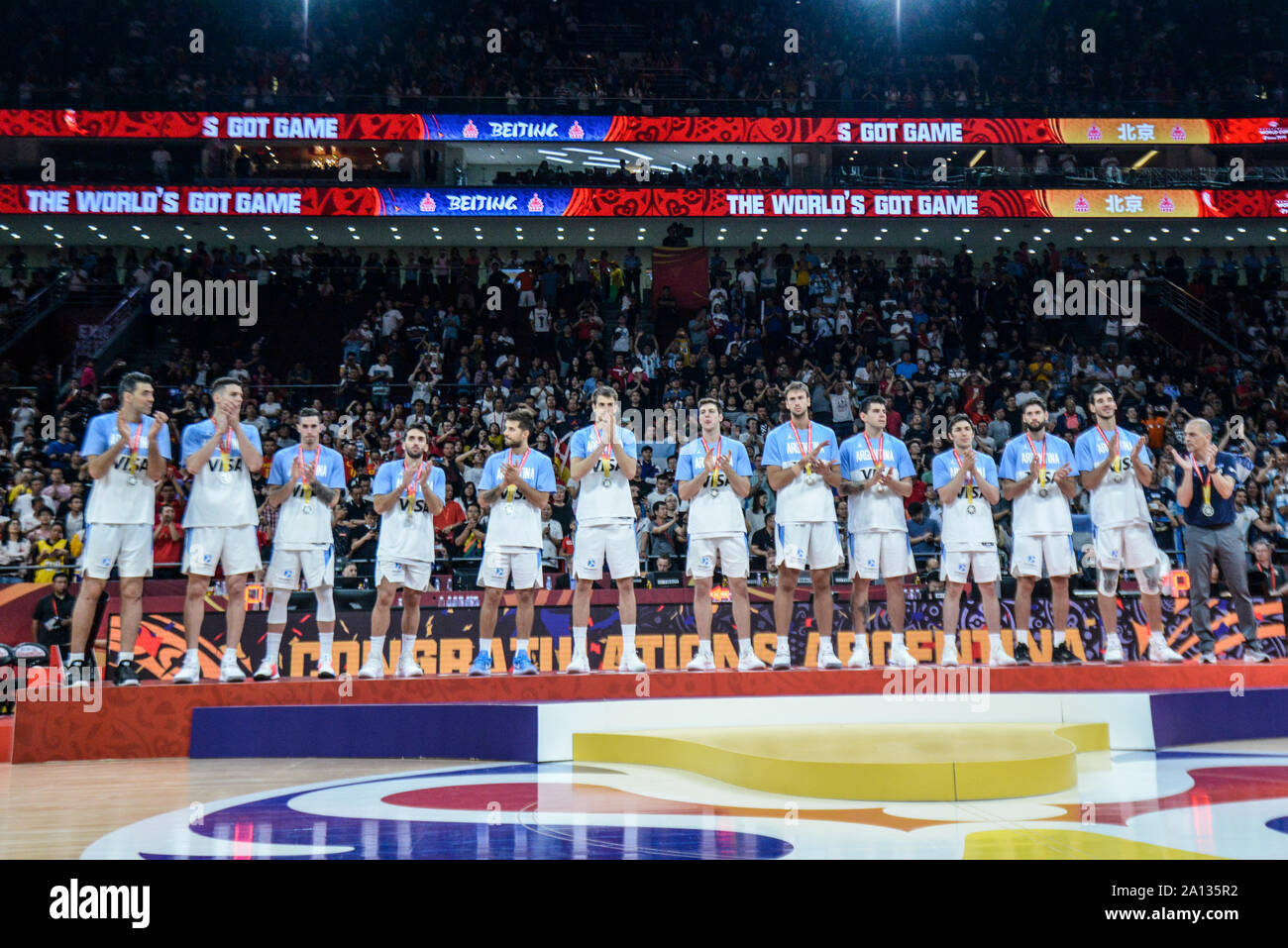 L'équipe nationale argentine : la deuxième place et médaille d'argent lors de la Coupe du Monde de Basketball FIBA 2019 Chine Banque D'Images