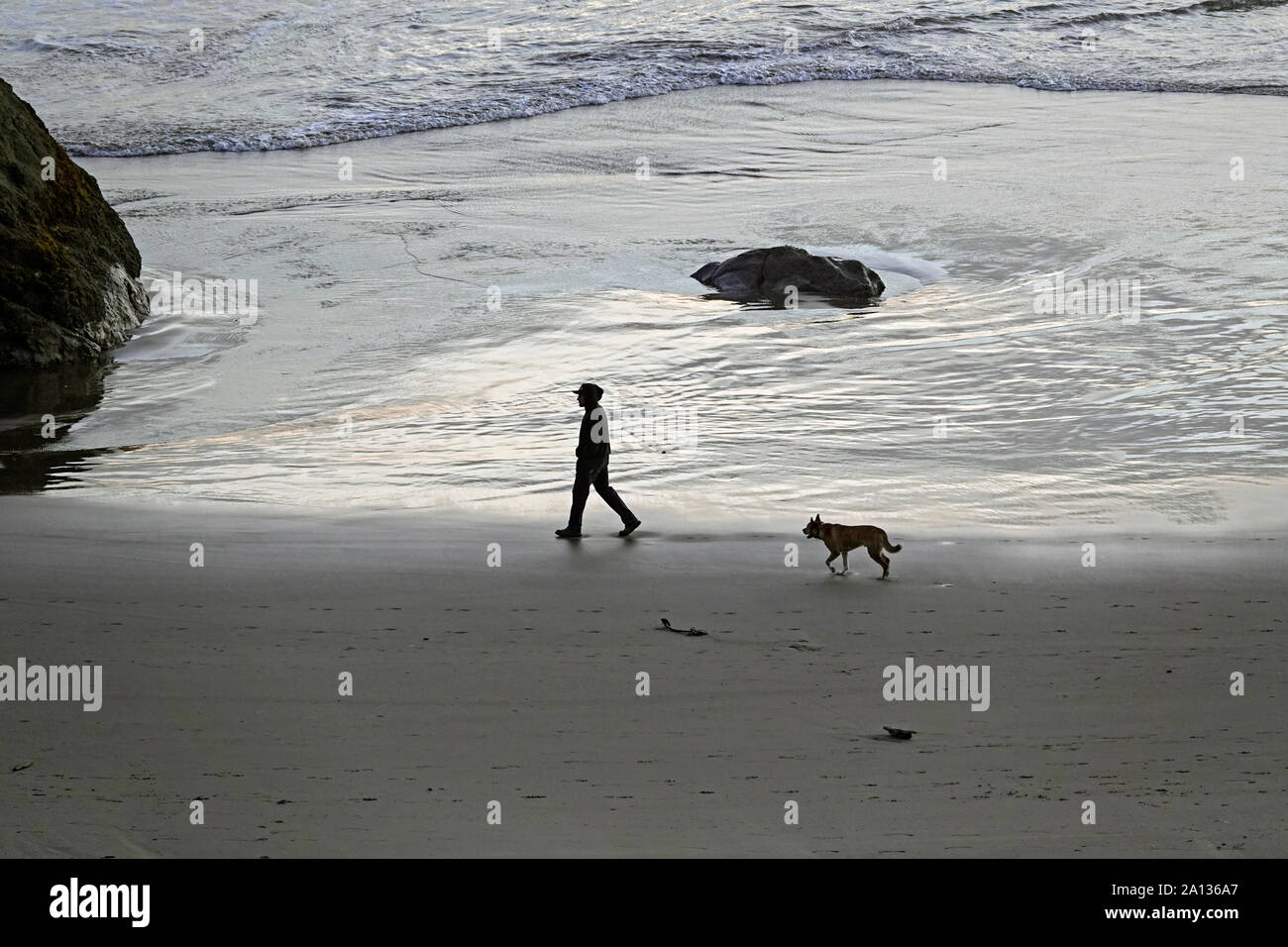 Un homme et son chien de berger allemand à pied le long de la plage, dans la ville de la côte du Pacifique de Bandon, Oregon. Banque D'Images