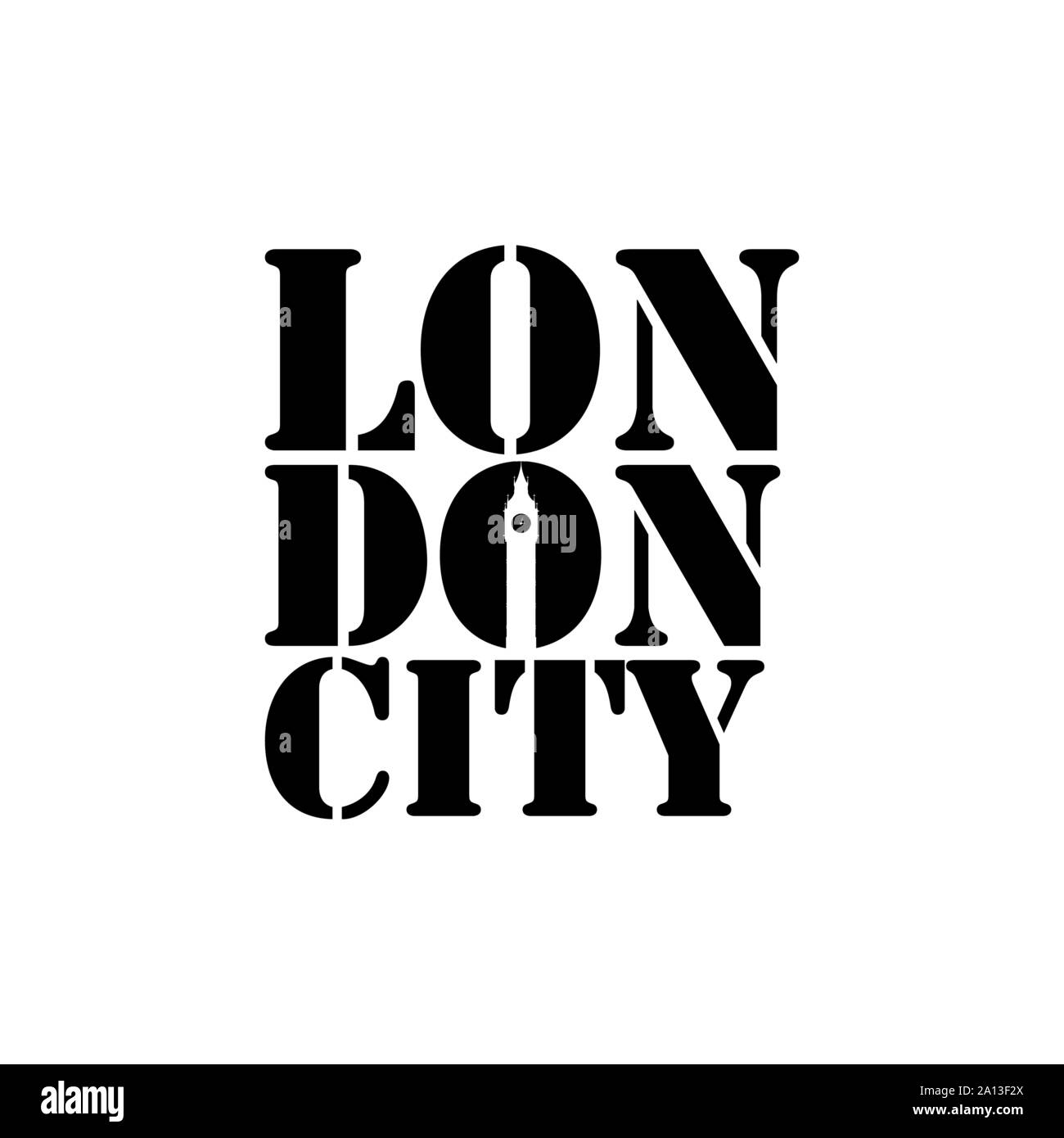 Lettrage London city typographie avec Big Ben horloge dans l'espace négatif style design vector Illustration de Vecteur