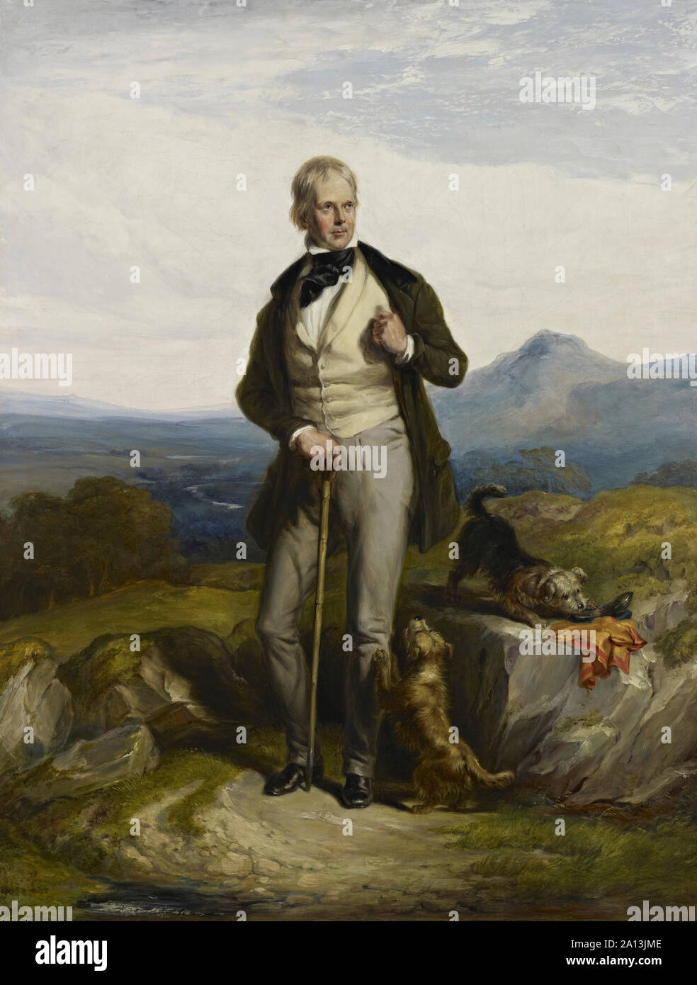 Peinture à l'huile sur toute la longueur de Sir Walter Scott avec deux terriers à ses pieds. Banque D'Images