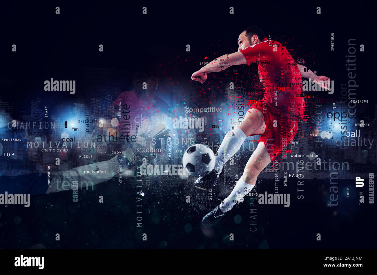 Scène de football d'un joueur de football en action. Effet de texte en fond avec le plus utilisé des termes. Abstract background Banque D'Images