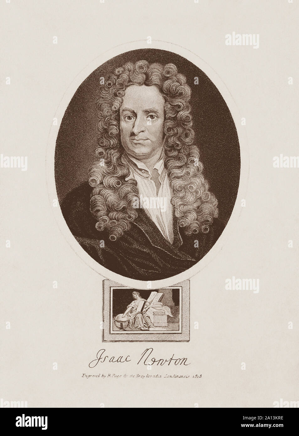 Une gravure du père de la physique moderne, Sir Isaac Newton. Banque D'Images