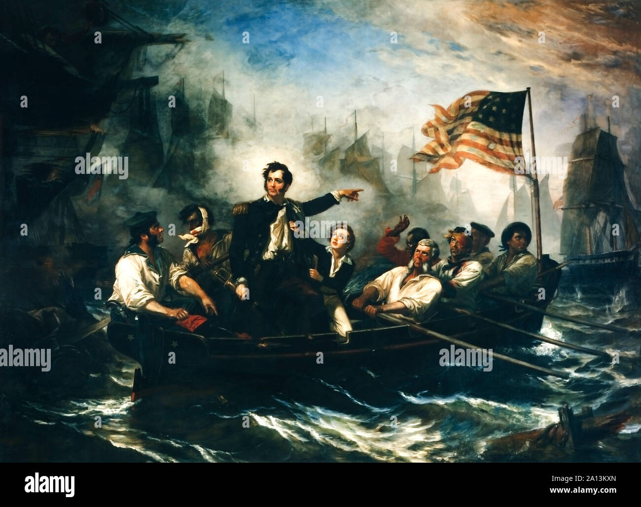 Peinture de Oliver Hazard Perry et son équipage pendant la bataille du lac Érié. Banque D'Images