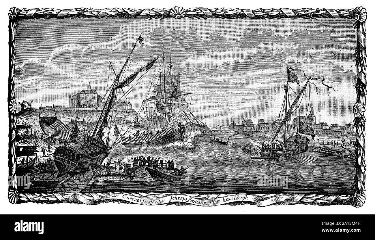 Chantier naval à Havelberg sur la rivière Havel au 17e siècle Banque D'Images