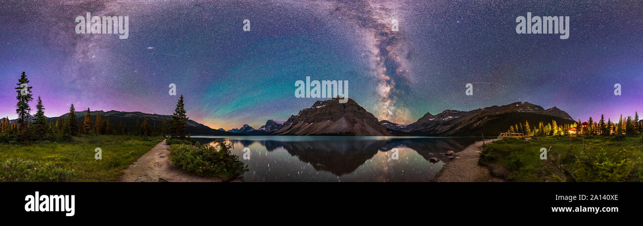 Un panorama de 360 degrés du lac Bow, dans le parc national Banff, Alberta, Canada. Banque D'Images