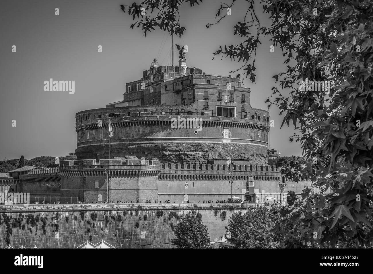 Image en noir et blanc de Sant'Angelo Château encadré par l'arbre à Rome, Italie Banque D'Images