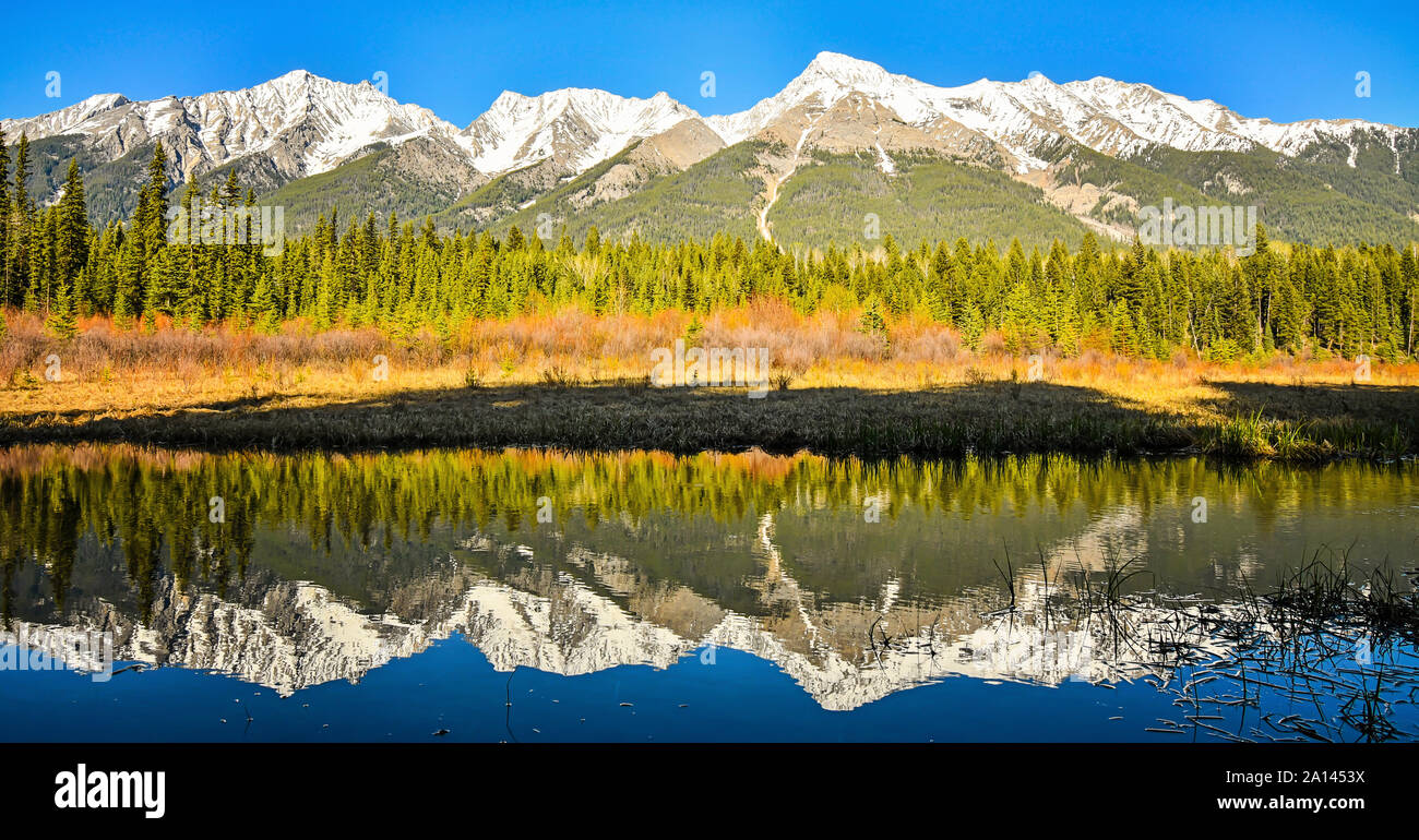 Mitchell, reflété dans le lac Dog Parc National de Kootenay en Colombie-Britannique, Canada. Paysage de montagne au printemps. Banque D'Images