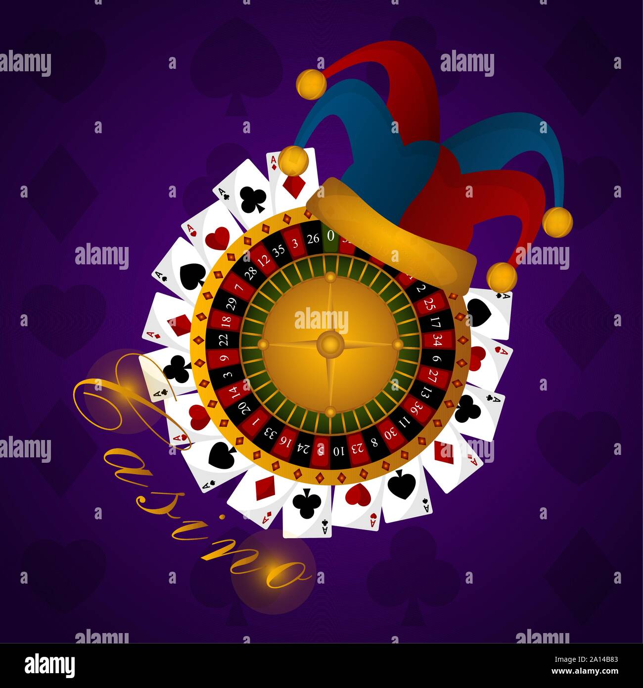 L'affiche de casino avec un joker hat, roulette et des jeux de cartes - Vector Illustration de Vecteur