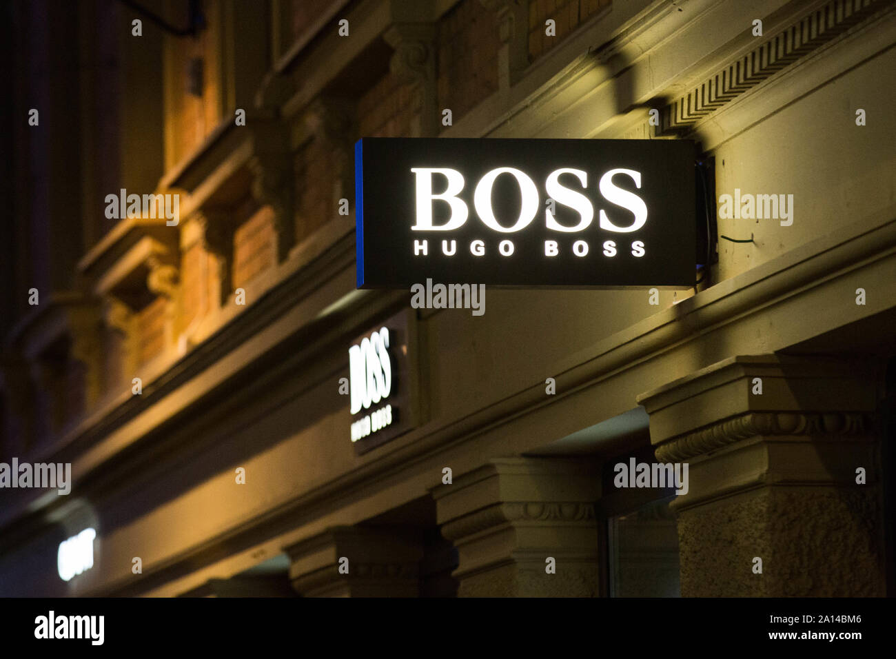 Göteborg, Suède. 14Th Sep 2019. Logo Hugo Boss vu de Göteborg. Hugo Boss  AG, souvent conçu comme patron, est une maison de mode de luxe basé à  Metzingen, en Allemagne. Credit :