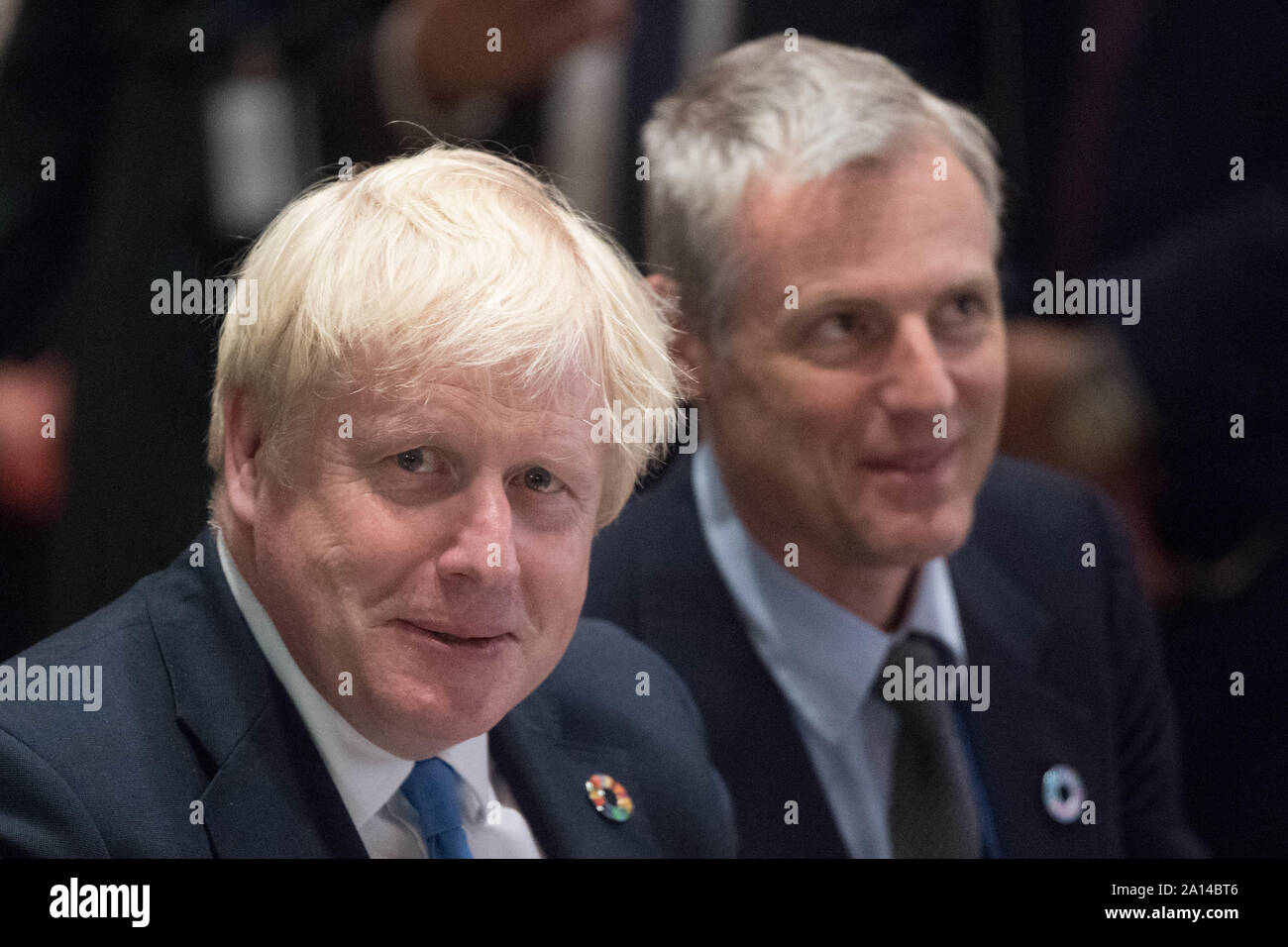 Premier ministre Boris Johnson et le ministre de l'environnement Zac Goldsmith assister à un événement de la biodiversité au Siège des Nations Unies à New York, USA, organisé par le Fonds mondial pour la nature au cours de la 74e session de l'Assemblée générale des Nations Unies.PA Photo. Photo date : lundi 23 septembre, 2019. Voir l'histoire de l'ONU POLITIQUE PA. Crédit photo doit se lire : Stefan Rousseau/PA Wire Banque D'Images