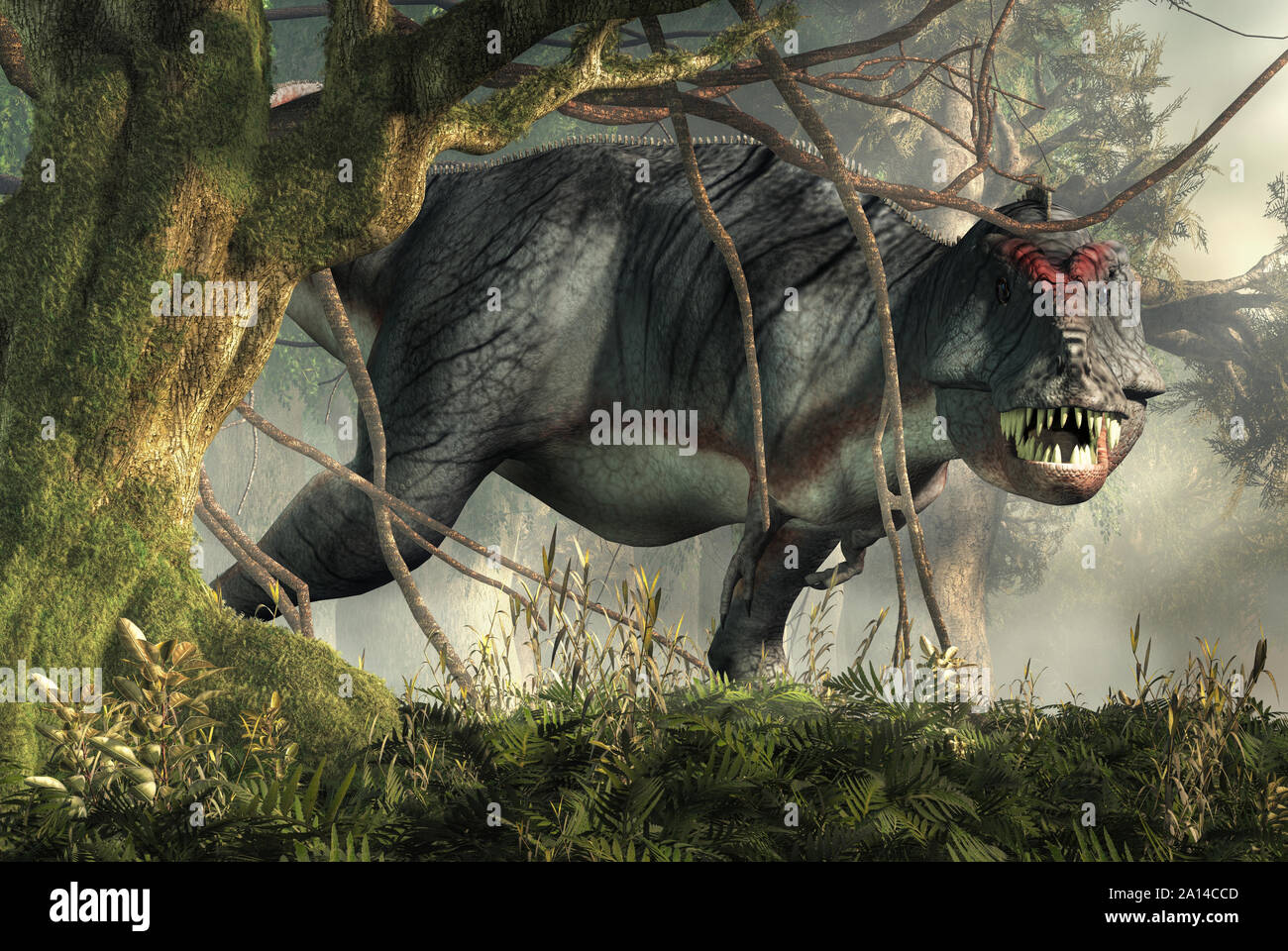 Un tyrannosaurus gris et blanc émerge de la jungle. Ce dangereux dinosaures carnivores du Crétacé découvre sa mauvaise dentition. Le Rendu 3D Banque D'Images