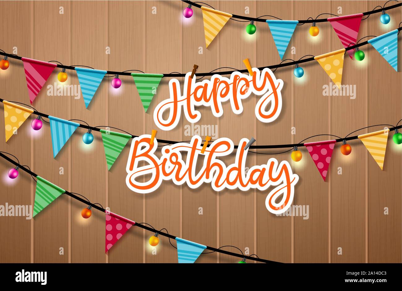 Joyeux anniversaire pendaison vector background design. Joyeux anniversaire papier coupé mot pendaison et clip en acier décorée de fanions colorés et voyants. Illustration de Vecteur