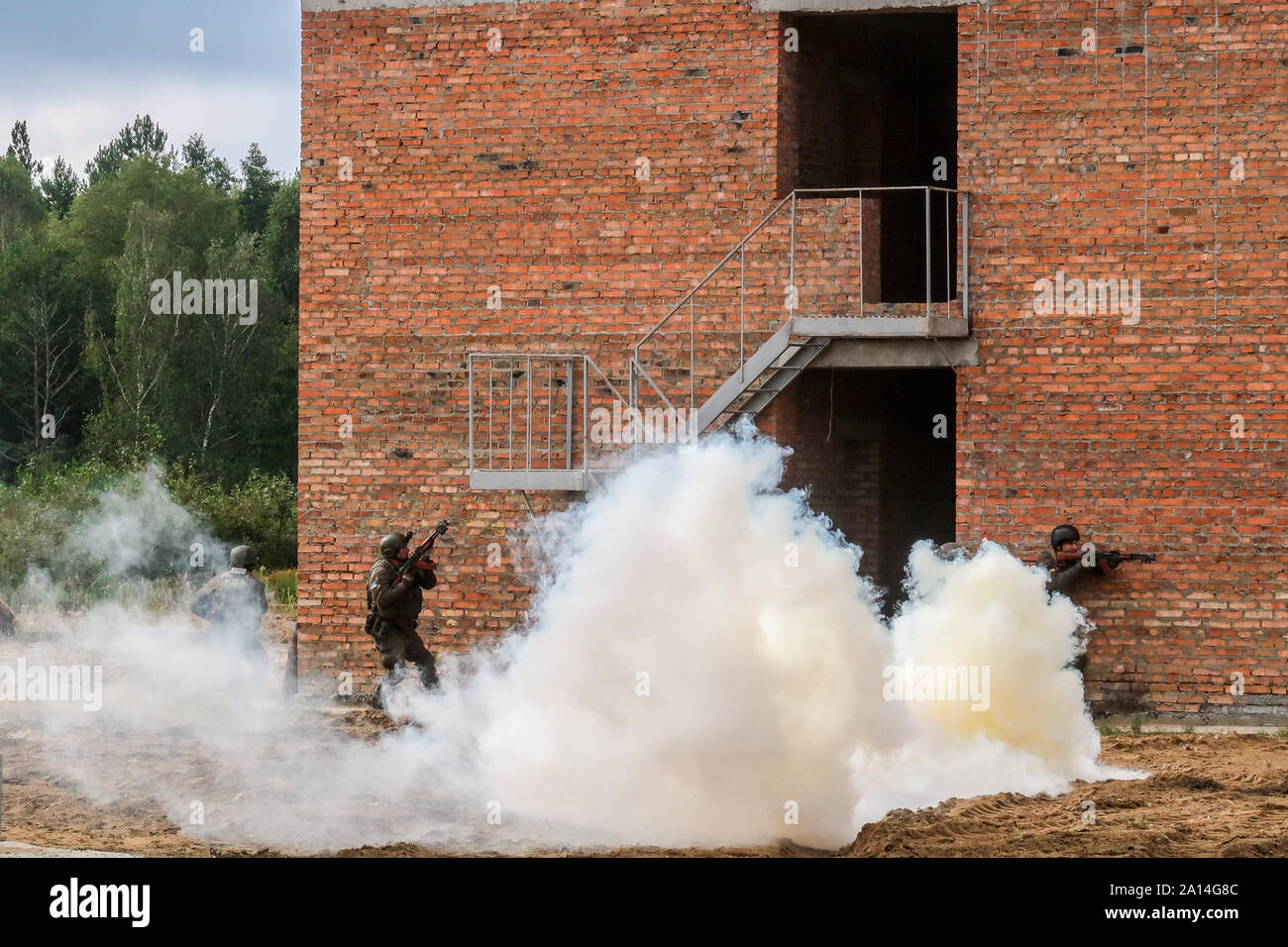 Le personnel affecté à la garde de l'État du ministère de l'Ukraine de fumée utilisent pour dissimuler leurs positions défensives au cours de leur manifestation pour visiteurs distingués dans le cadre de Combat Rapide à Trident 2019 Center-Yavoriv la formation, le 20 septembre 2019. Banque D'Images