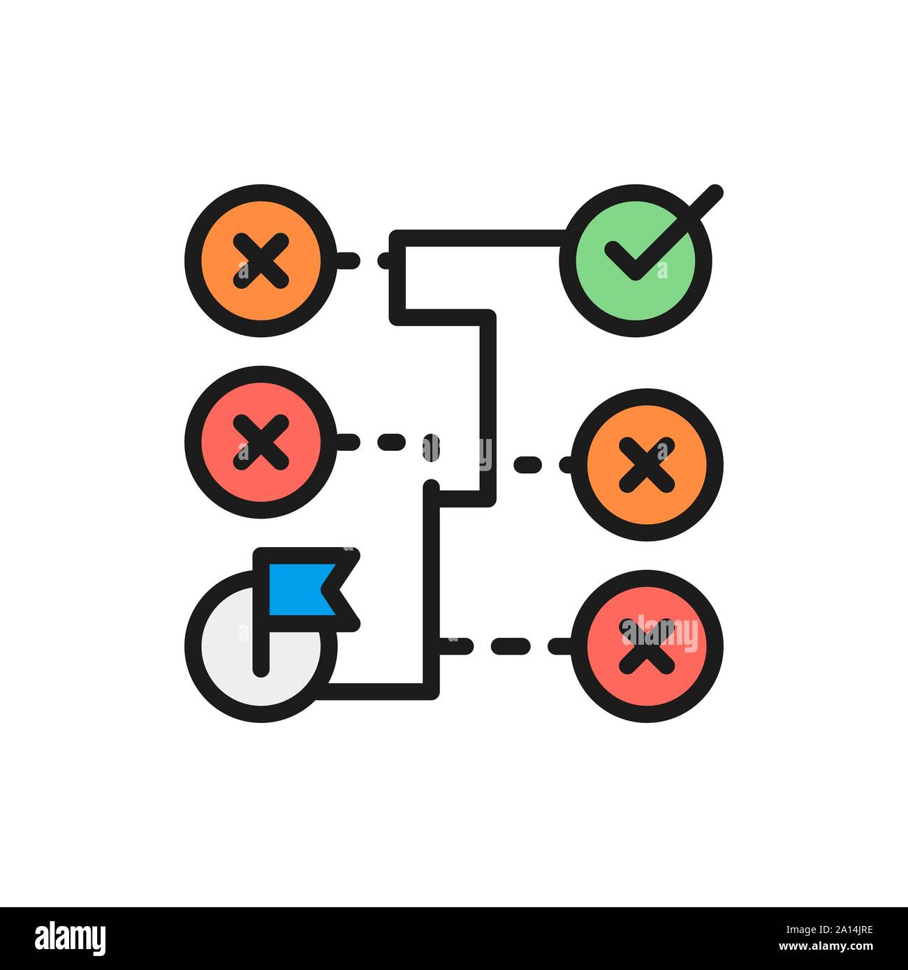 Vector solution correcte, labyrinthe, algorithme, systèmes de télévision couleur ligne bloc icône. Illustration de Vecteur