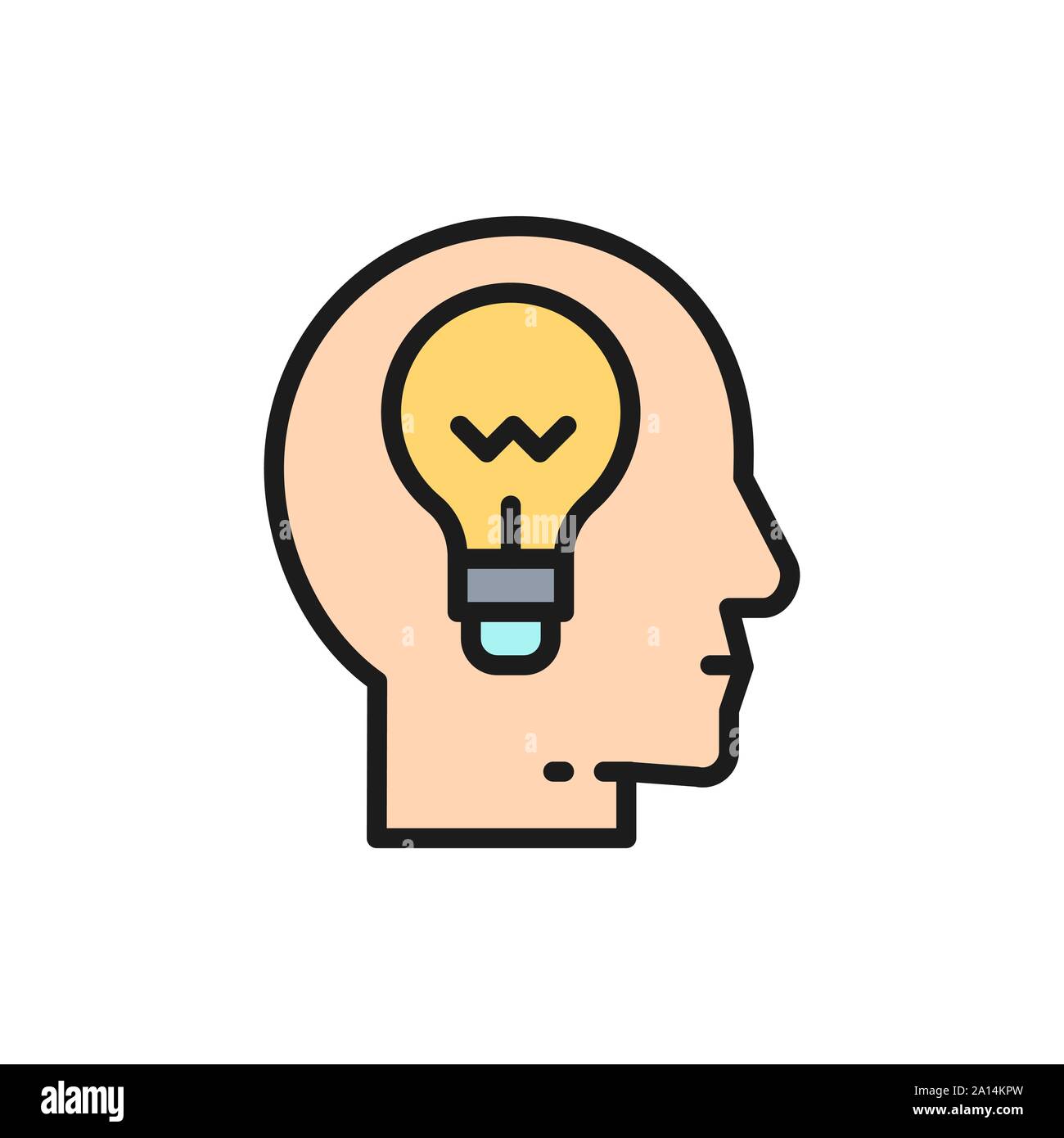 Tête de vecteur avec lampe, la génération d'idées, le cerveau de l'icône de la ligne de couleur. Illustration de Vecteur