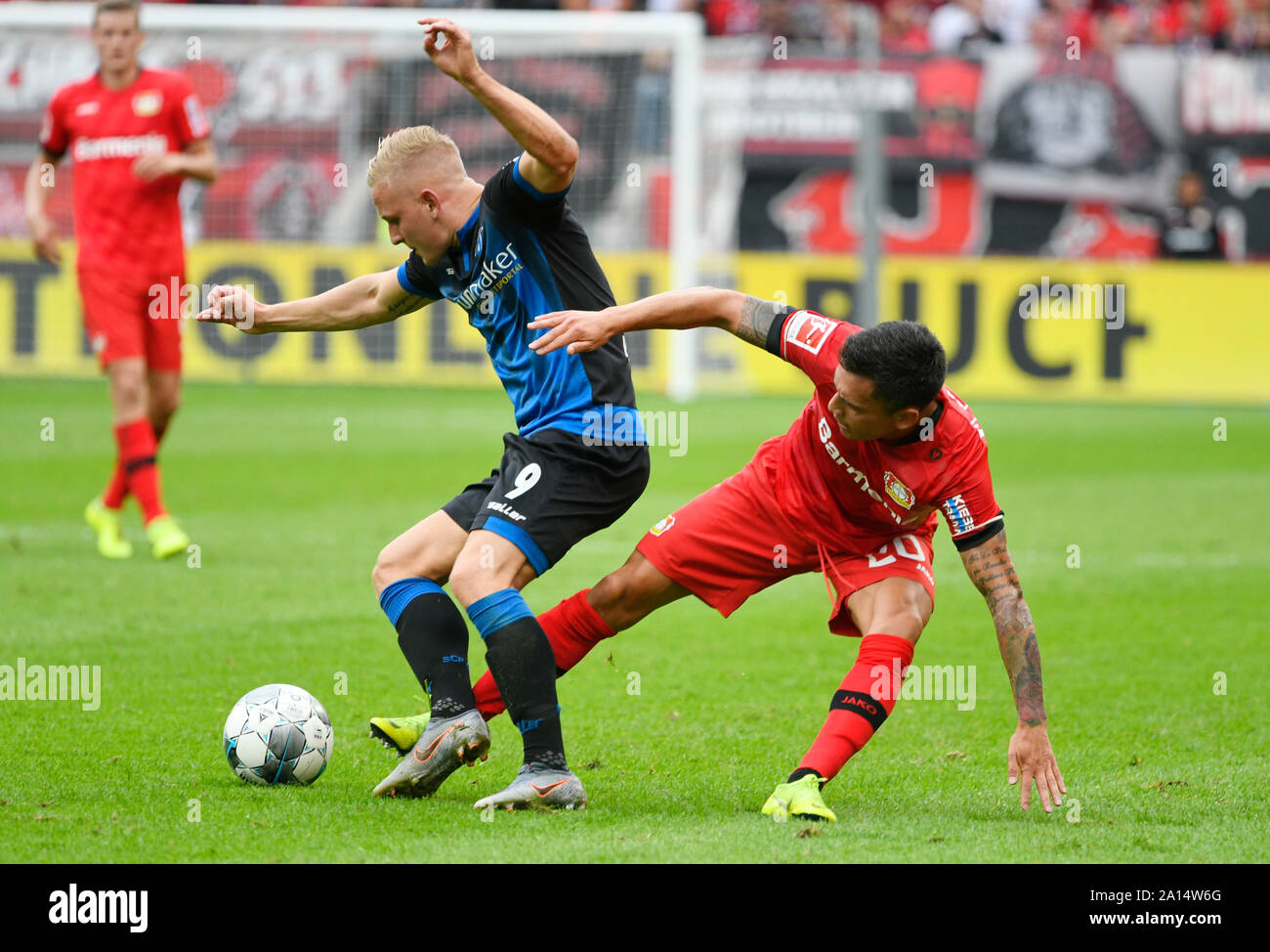 BayArena Leverkusen Allemagne, 17.8.2019, Football : Saison de Bundesliga 2019-2020 journée 1, Bayer 04 Leverkusen (LEV, rouge) vs FC Paderborn (APB, bleu), Kai Proger (PDB), Charles Aranguiz (LEV) DFL RÈGLEMENT INTERDIT TOUTE UTILISATION DES PHOTOGRAPHIES COMME DES SÉQUENCES D'IMAGES ET/OU QUASI-vidéo Banque D'Images