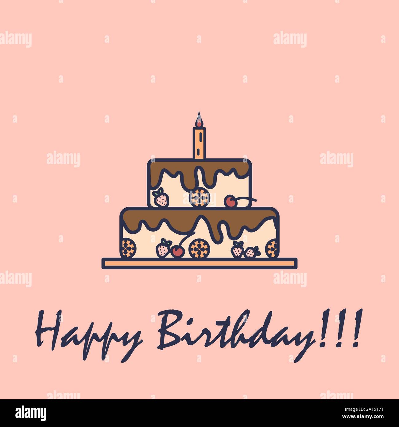 Gâteau d'anniversaire avec une bougie et texte - joyeux anniversaire au design plat. Illustration de Vecteur