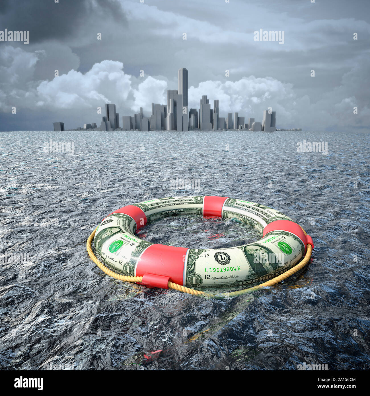 La ceinture de sécurité, un gilet de sauvetage fait de billets en dollars US dérivant sur l'océan devant une ville : concept de sauvetage financier Banque D'Images