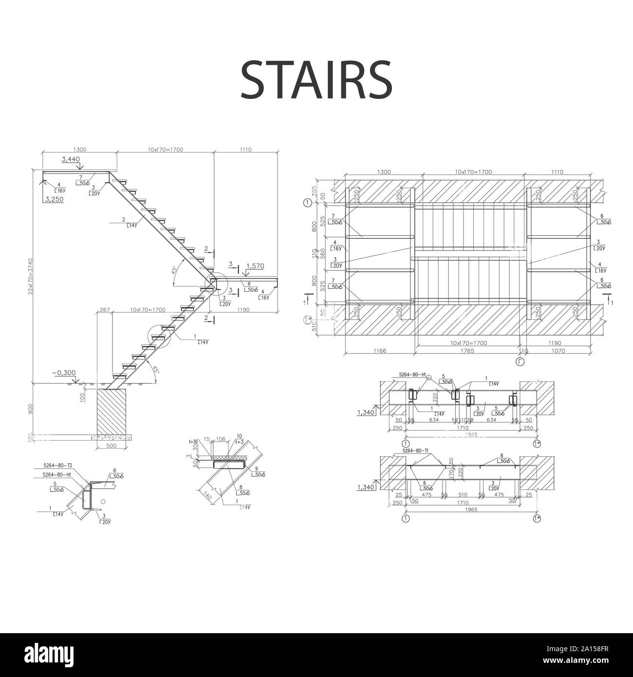 Plan d'architecture détaillée d'escaliers, industrie de la construction vector Illustration de Vecteur