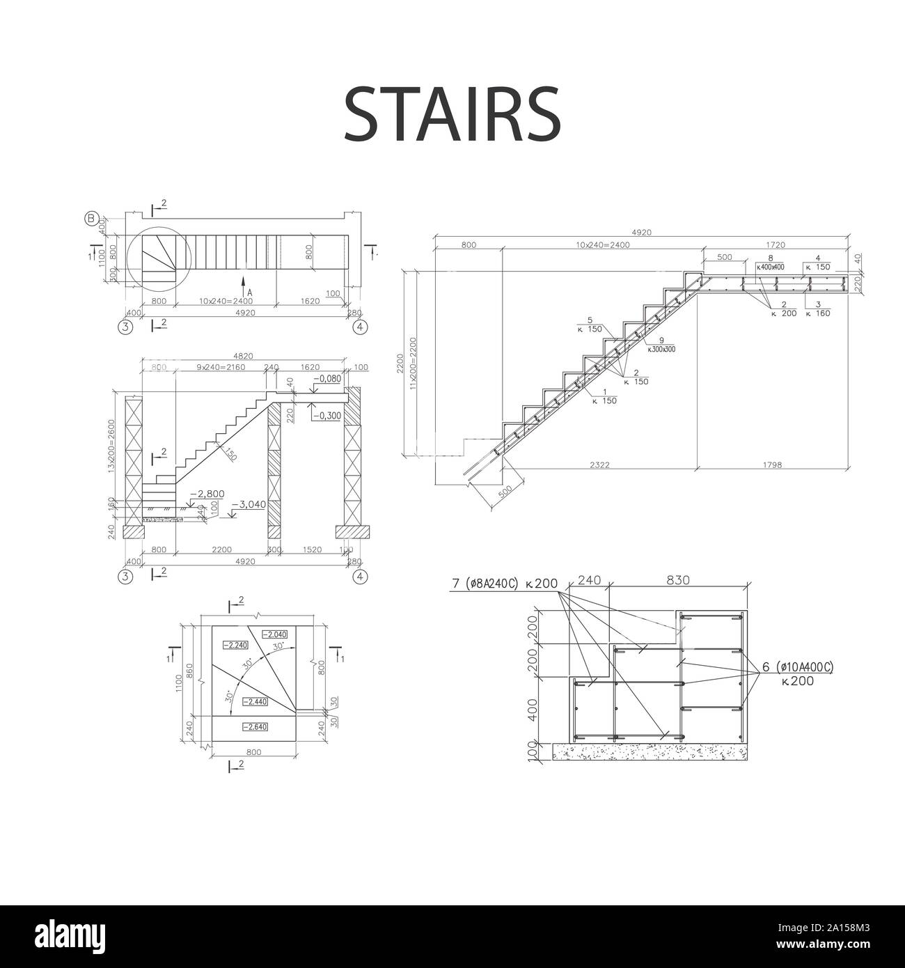 Plan d'architecture détaillée d'escaliers, industrie de la construction vector Illustration de Vecteur