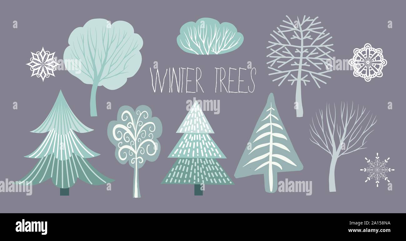 Ensemble d'éléments isolés designer pour Noël et Nouvel An - hiver arbres et arbustes. Télévision Cute vector illustration. Illustration de Vecteur