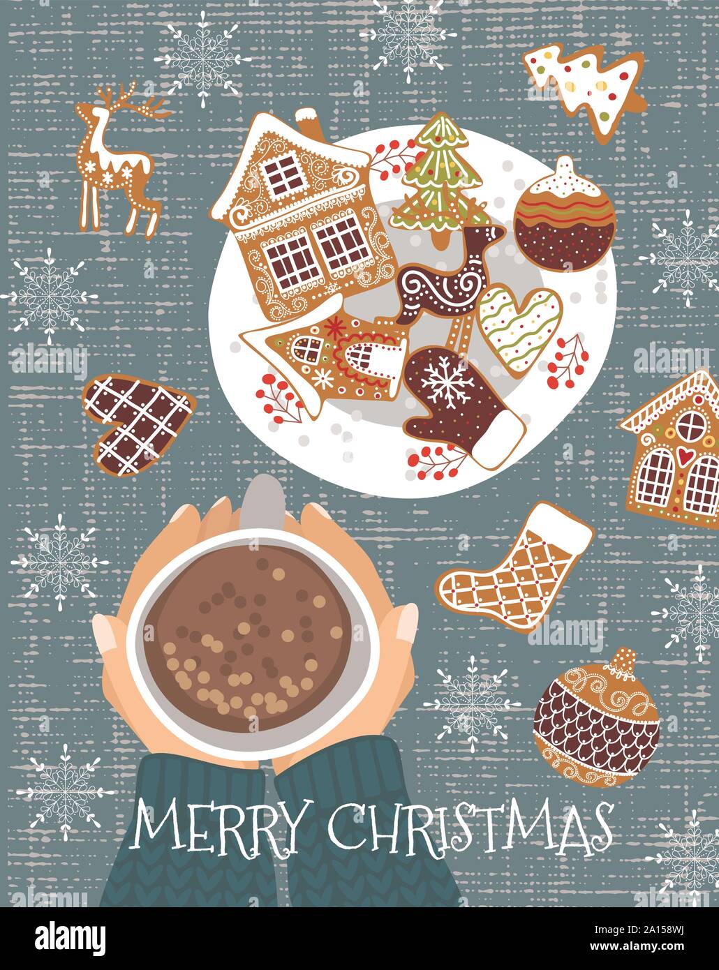Noël arrière-plan agréable. Cute vector illustration d'une table avec une tasse de cacao et gingerbread cookies.Vue de dessus des mains avec plateau Illustration de Vecteur
