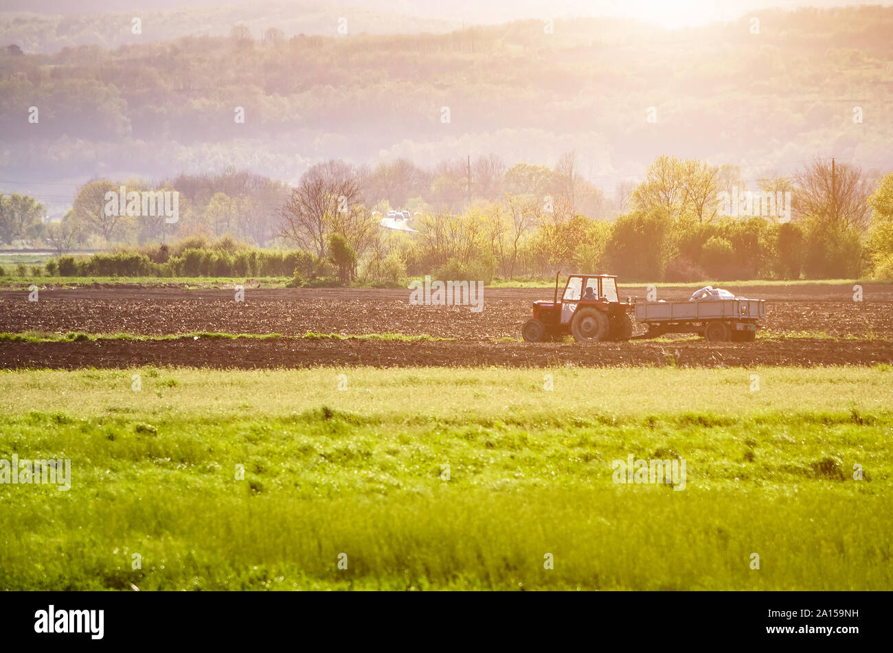 Tracteur agricole travaillant sur un champ Banque D'Images