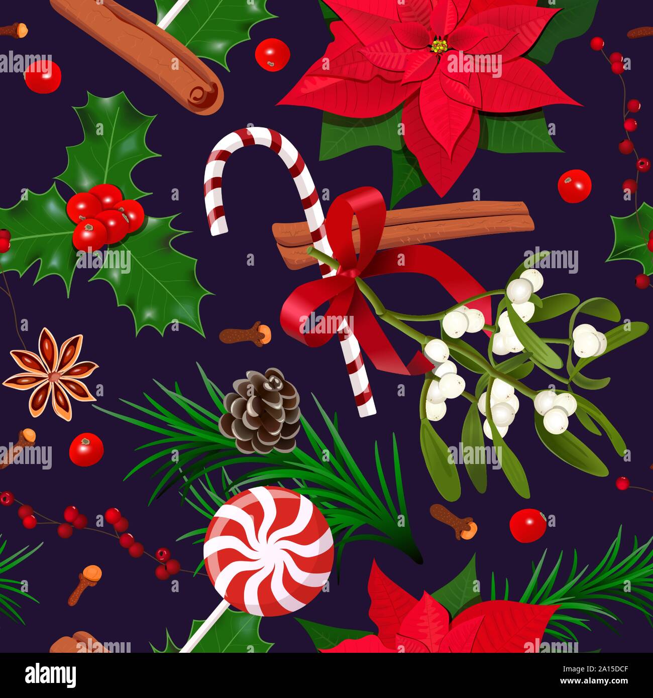 Modèle sans couture de Noël. Avec Décoration de sapin, baie de houx, le  gui, canne de Noël, poinsettia, girofle sur pourpre foncé Image Vectorielle  Stock - Alamy