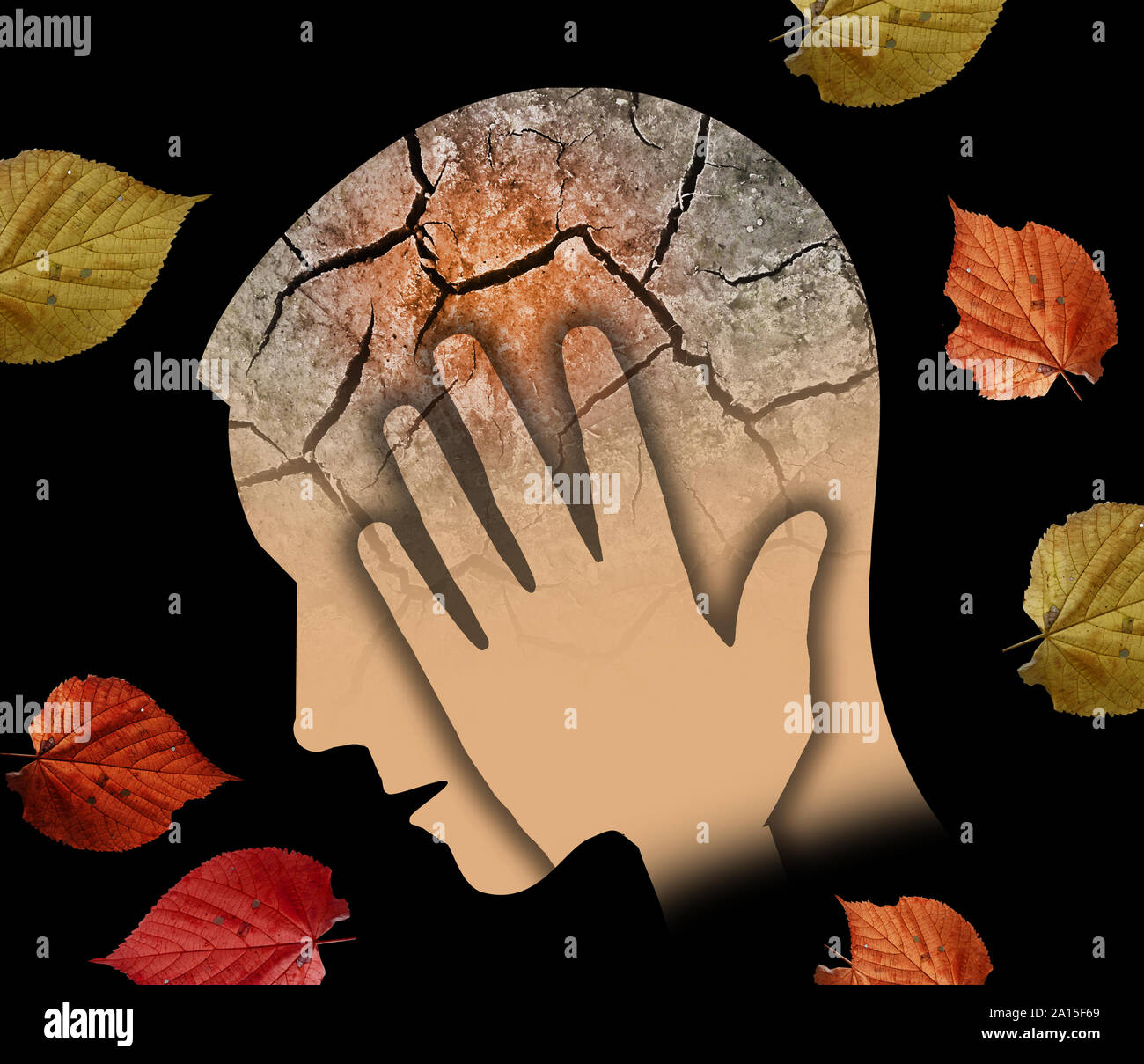 Automne tristesse et dépression, jeune homme. Tête d'homme silhouette stylisée tenant sa tête.photo-montage avec Dry cracked earth et symbole de l'automne les feuilles Banque D'Images