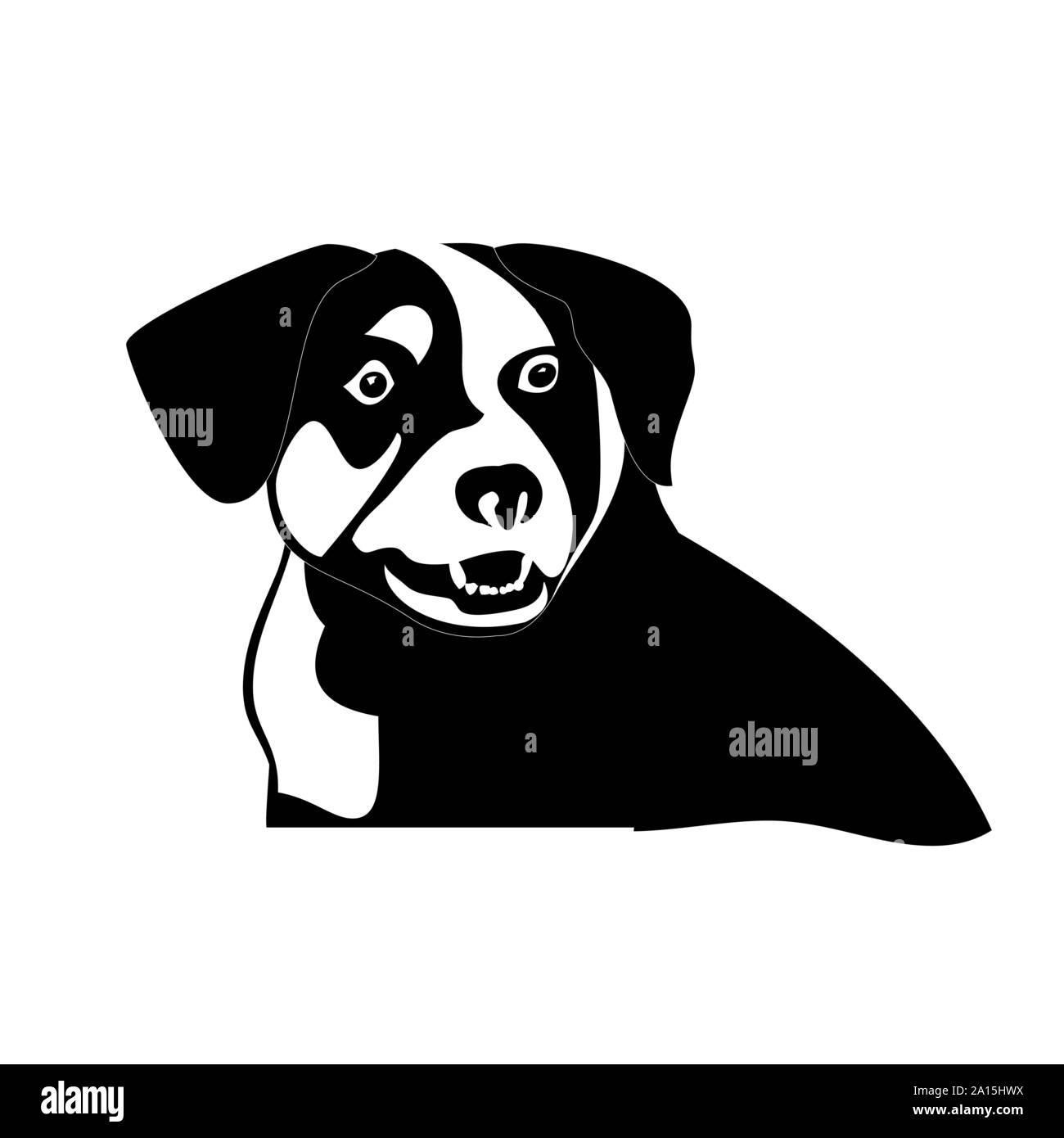 Drôle de Silhouette noir et blanc peu ludique chiot border collie. Le chien se dresse et soulevé ses oreilles. chien berger Illustration de Vecteur
