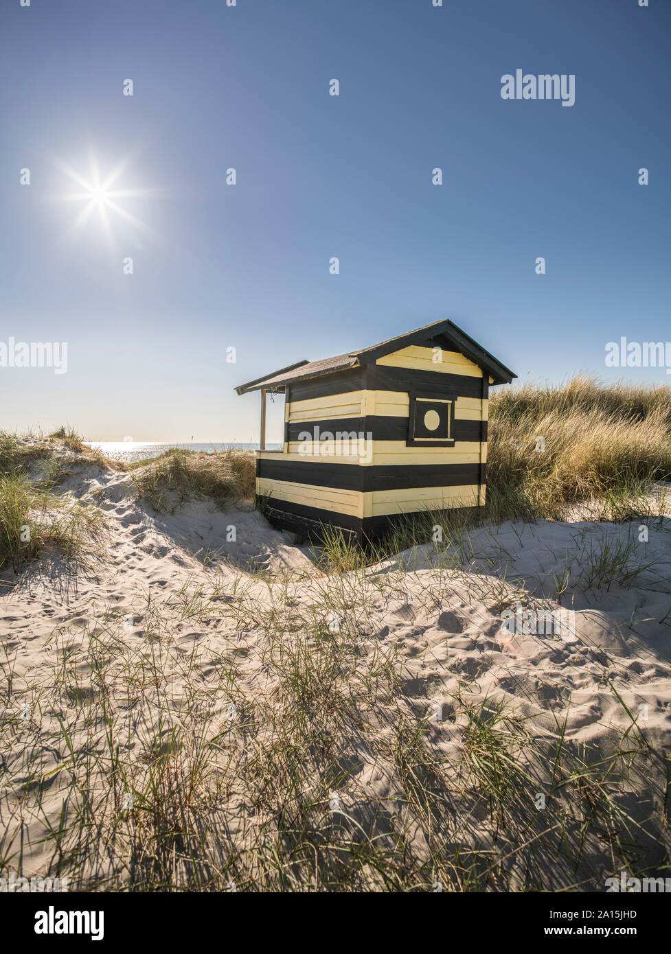 Cabane de plage et dunes de sable de la plage à Skanor, Uppsala, Suède, Scandinavie Banque D'Images