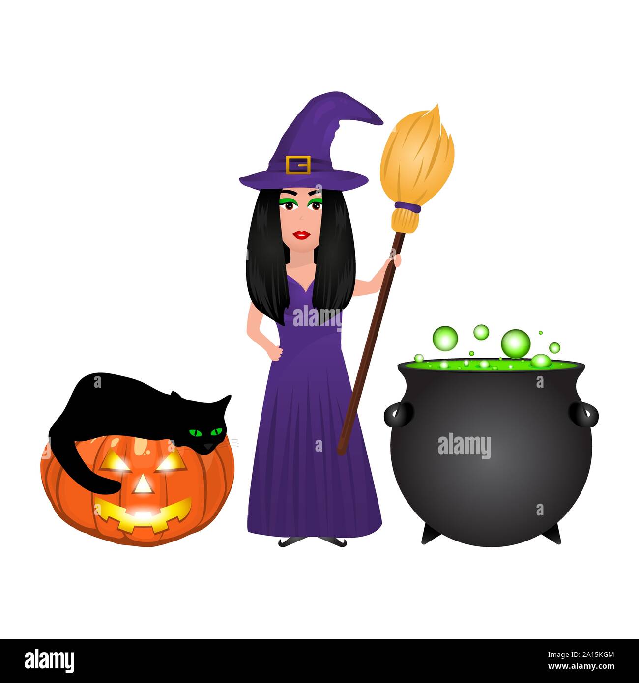 Sorcière Halloween avec potion potion et pumpkin lantern sur fond blanc Illustration de Vecteur