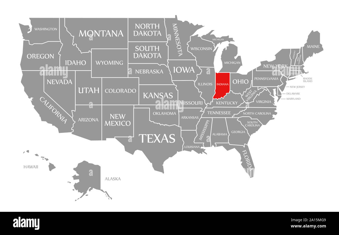 Rouge de l'Indiana a mis en évidence dans la carte des États-Unis d'Amérique Banque D'Images