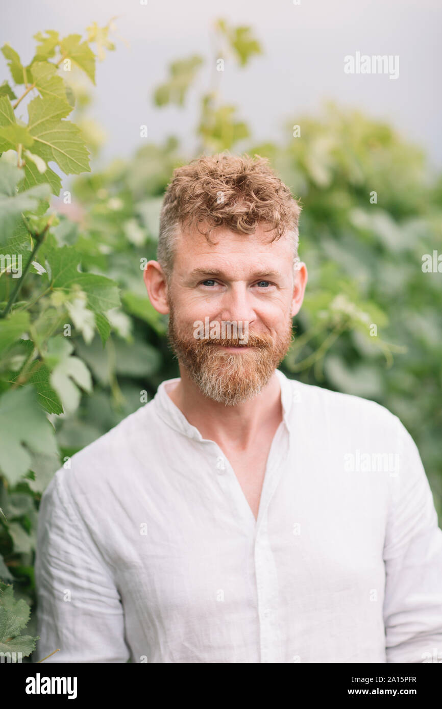 Portrait d'homme barbu en face de grapevine Banque D'Images