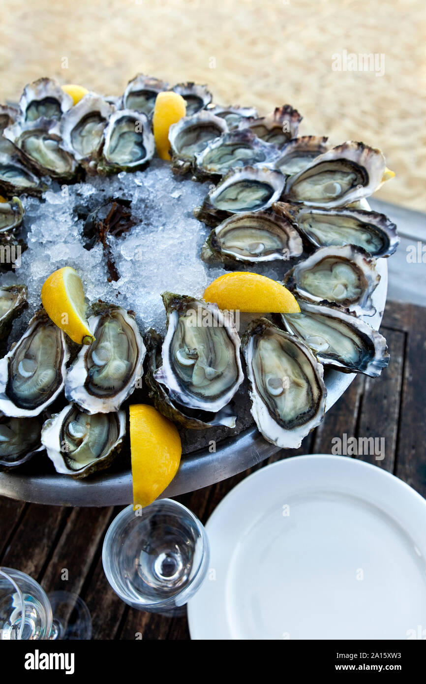 Une assiette d'huîtres sur un bistro terrasse face à une plage française Banque D'Images