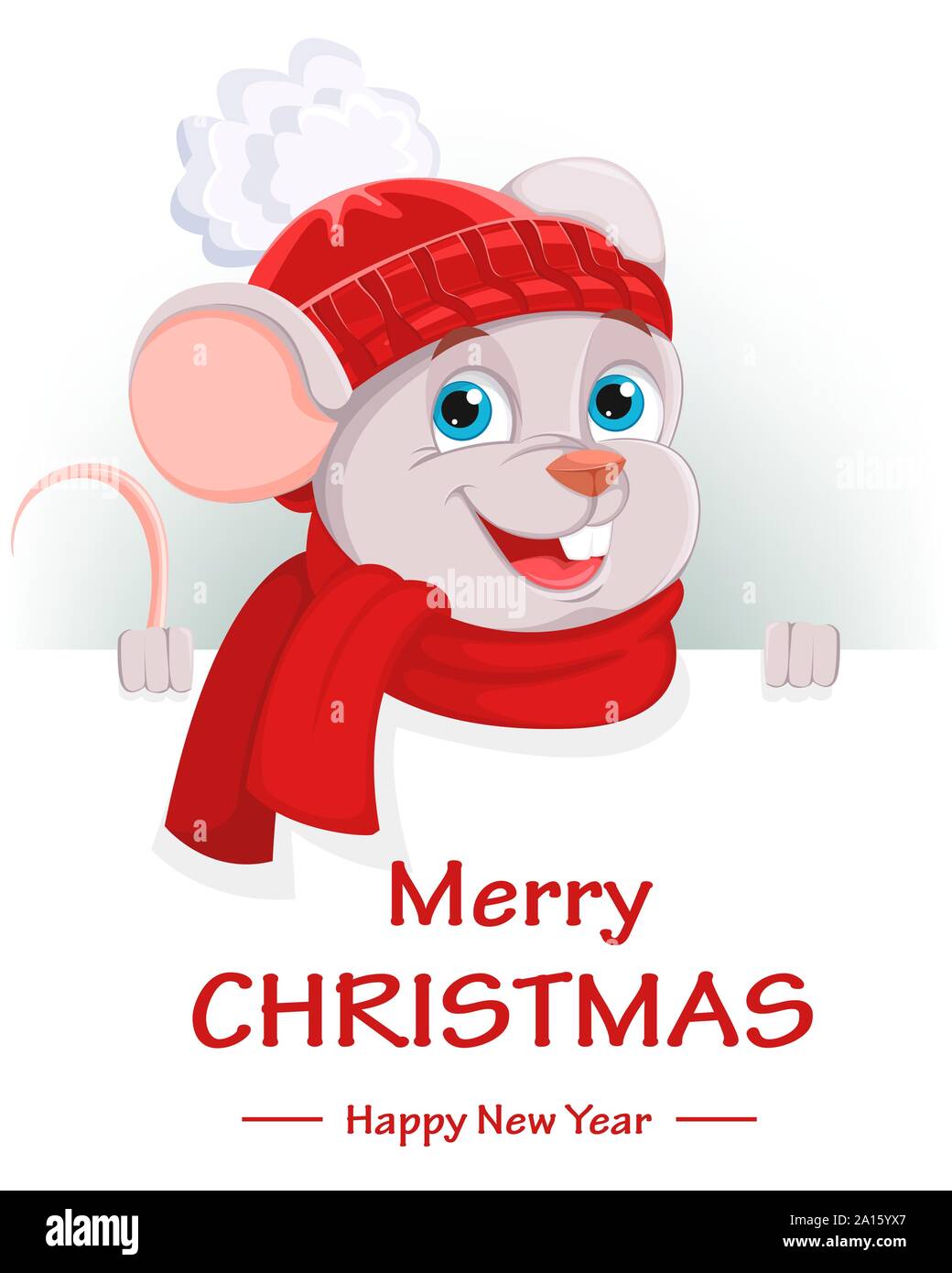 Joyeux Noël et Bonne Année. Drôle de personnage de souris se tient derrière un placard avec les salutations. Vector illustration Illustration de Vecteur