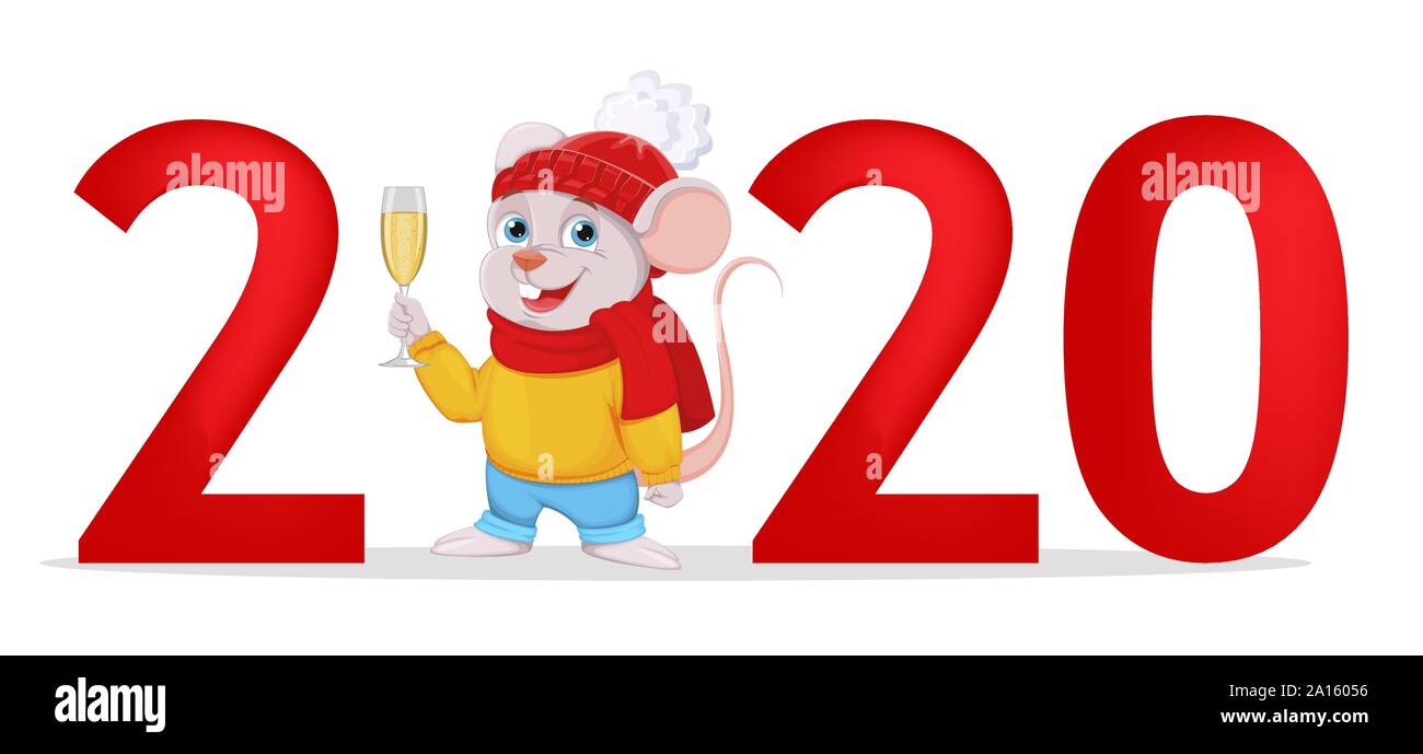 Bonne année carte de vœux 2020 nombre et drôles de rat sur lieu de zéro tenant un verre de champagne. Vector illustration sur fond blanc Illustration de Vecteur