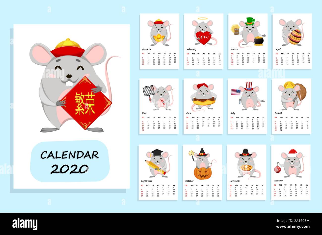 Calendrier 2020 avec les rats. Joyeux Nouvel An chinois du rat. Vector illustration. La prospérité se traduit comme lettrage Illustration de Vecteur