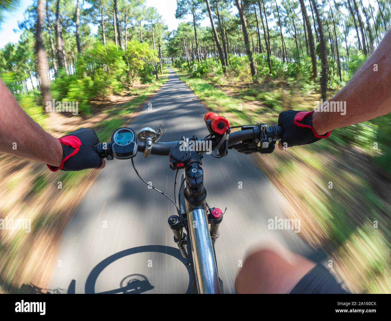 France, Landes, senior man on e-bike dans la forêt Banque D'Images