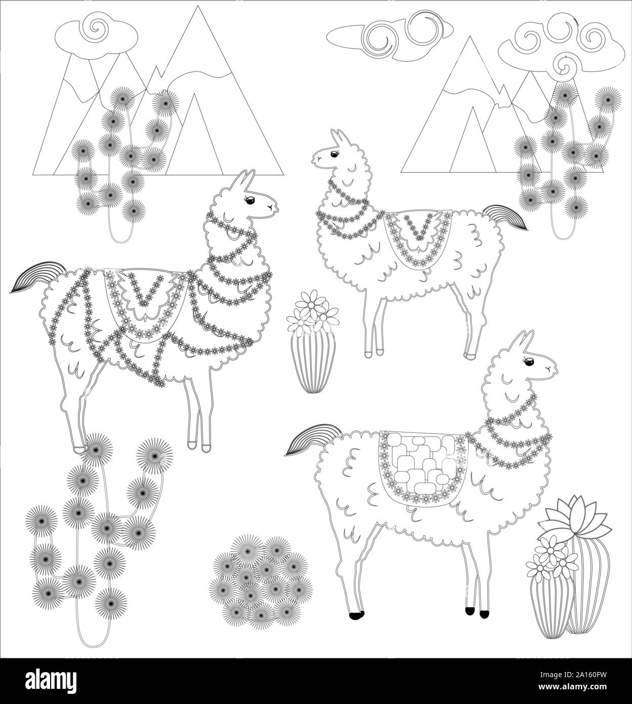 Coloriages de cartoon lama. Lama, colorant pour les adultes et les enfants Illustration de Vecteur